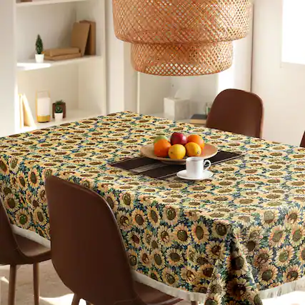 Front. Oumilen - 59x118in Rectangle Sunflower Tablecloth with White Fringe – Farmhouse Floral Print for Kitchen Party Decor - Multicolor.