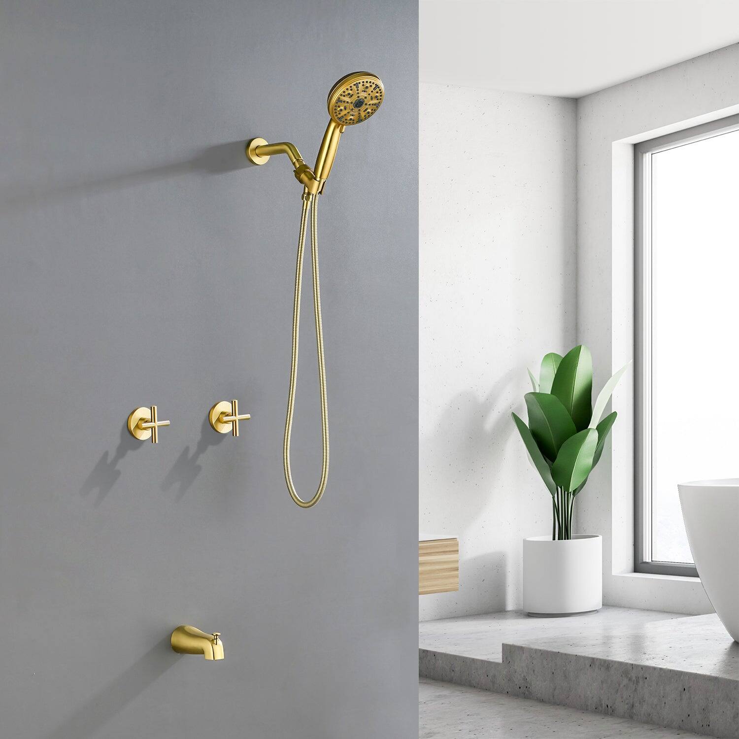 Alt View 2. Boyel Living - Brushed Gold Shower Set with Dual Handles and 10 Function ABS Handheld Shower - Brushed Gold.