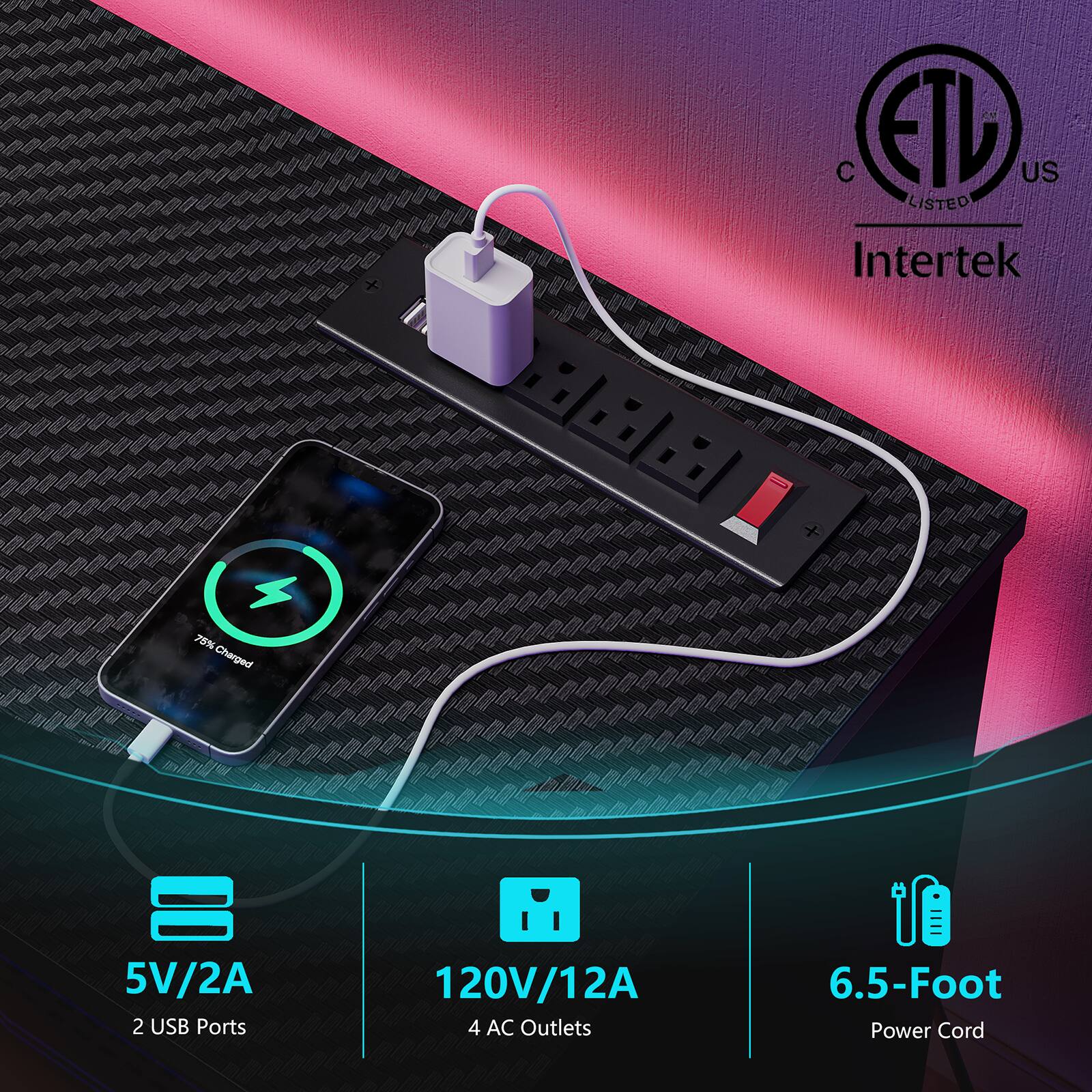 C ETL US LISTED Intertek  
75% Charged  
5V/2A 2 USB Ports  
120V/12A 4 AC Outlets  
6.5-Foot Power Cord