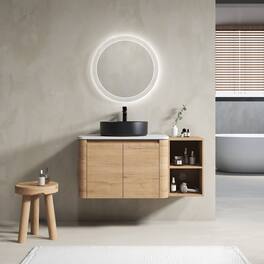 Loheer - 42 inch wall mounted bathroom vanity with ceramic art vessel sink, floating vanity - Imitative Oak