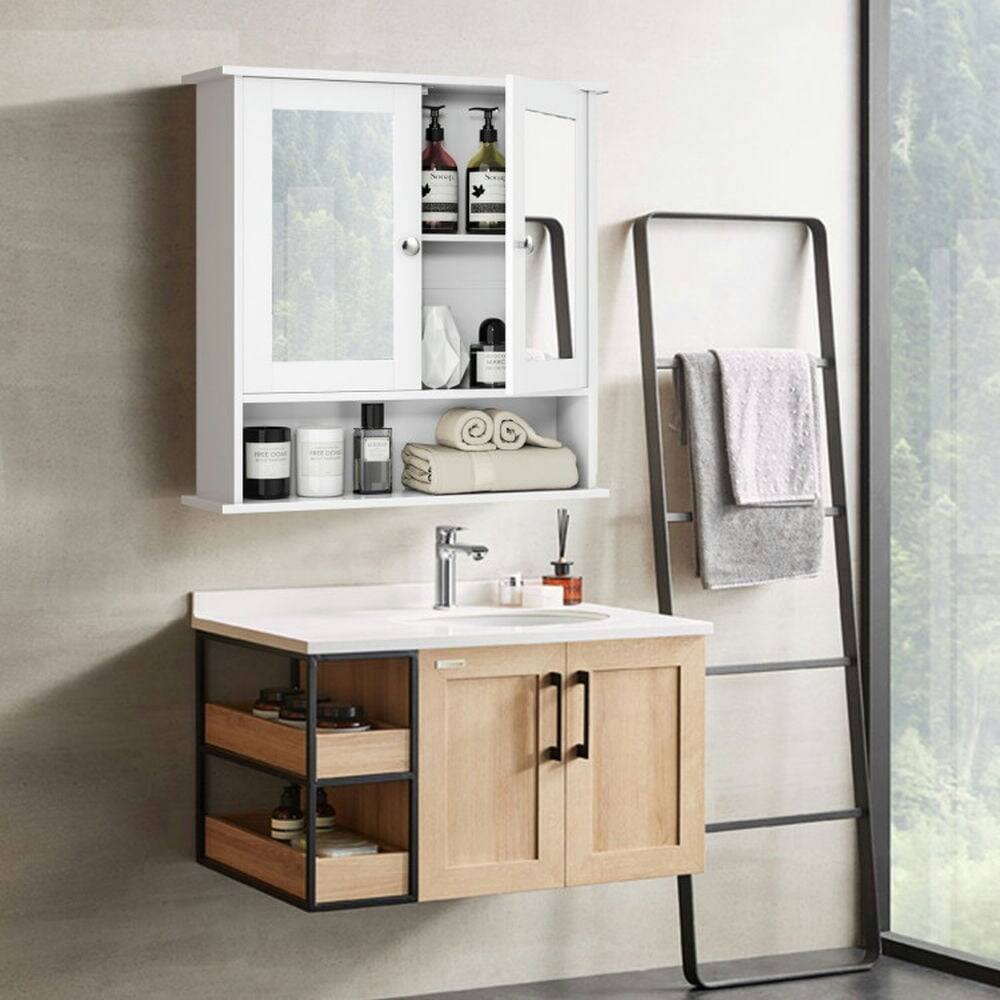 Back. Pefilos - Bathroom Cabinet Wall Mounted with Double Mirror Doors, Wood Hanging Cabinet with Doors and Shelves Over The Toilet - White.
