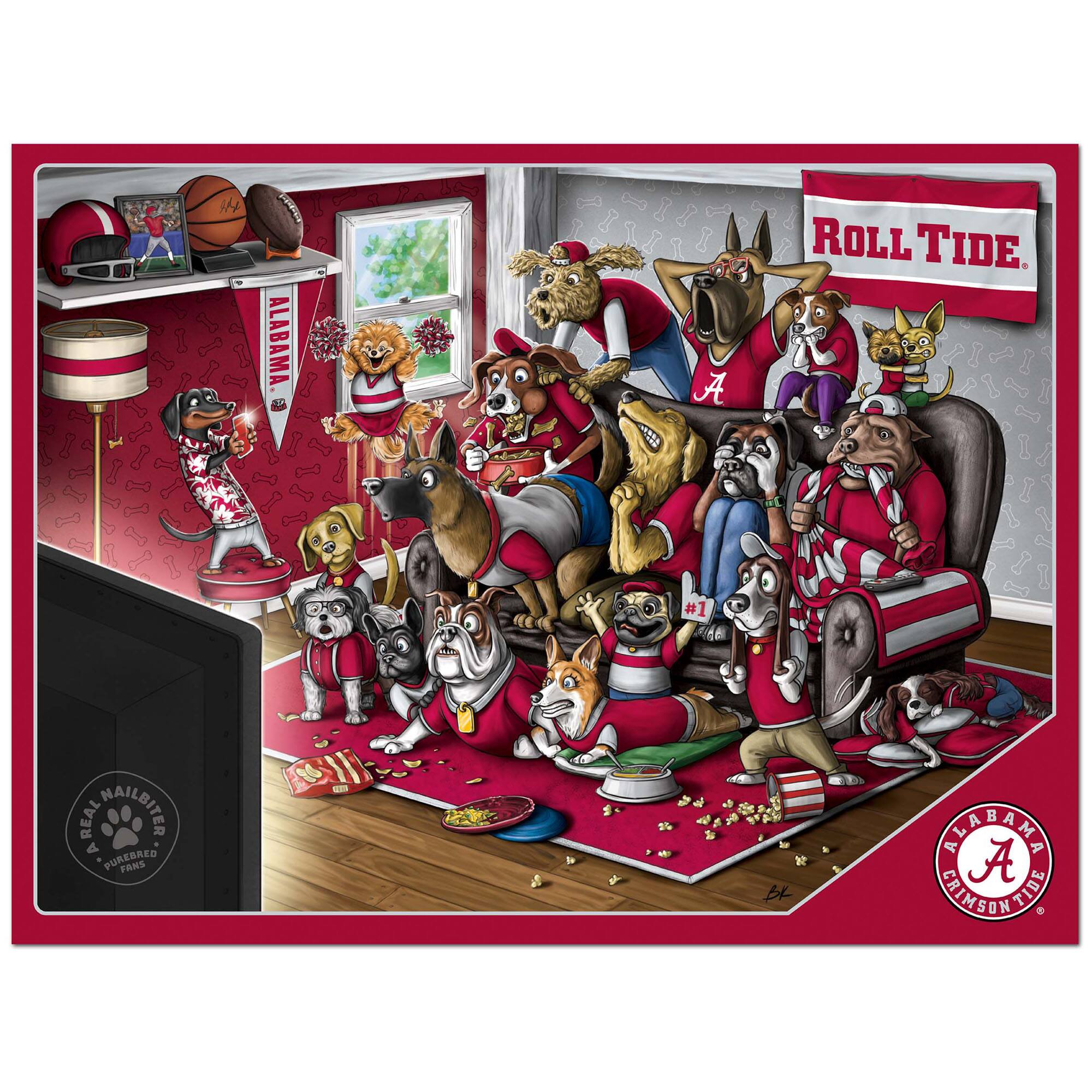 Sure, here is the corrected and grouped text from the image:

---

**Top Left:**
- "ALABAMA"

**Top Center:**
- "ROLL TIDE"

**Bottom Left:**
- "ALABAMA NAILBITER"
- "PURGEES"
- "FANS"

**Bottom Right:**
- "ALABAMA"
- "CIMSON TIDE"

**Banner on the Wall:**
- "ALABAMA"

**Flag on the Wall:**
- "ROLL TIDE"

**On the TV Screen:**
- "#1"

**On the Dog's Shirt:**
- "A"

**On the Dog's Shirt:**
- "#1"

**On the Dog's Shirt:**
- "A"

**On the Dog's Shirt:**
- "A"

**On the Dog's Shirt:**
- "A"

**On the Dog's Shirt:**
- "A"

**On the Dog's Shirt:**
- "A"

**On the Dog's Shirt:**
- "A"

**On the Dog's Shirt:**
- "A"

**On the Dog's Shirt:**
- "A"

**On the Dog's Shirt:**
- "A"

**On the Dog's Shirt