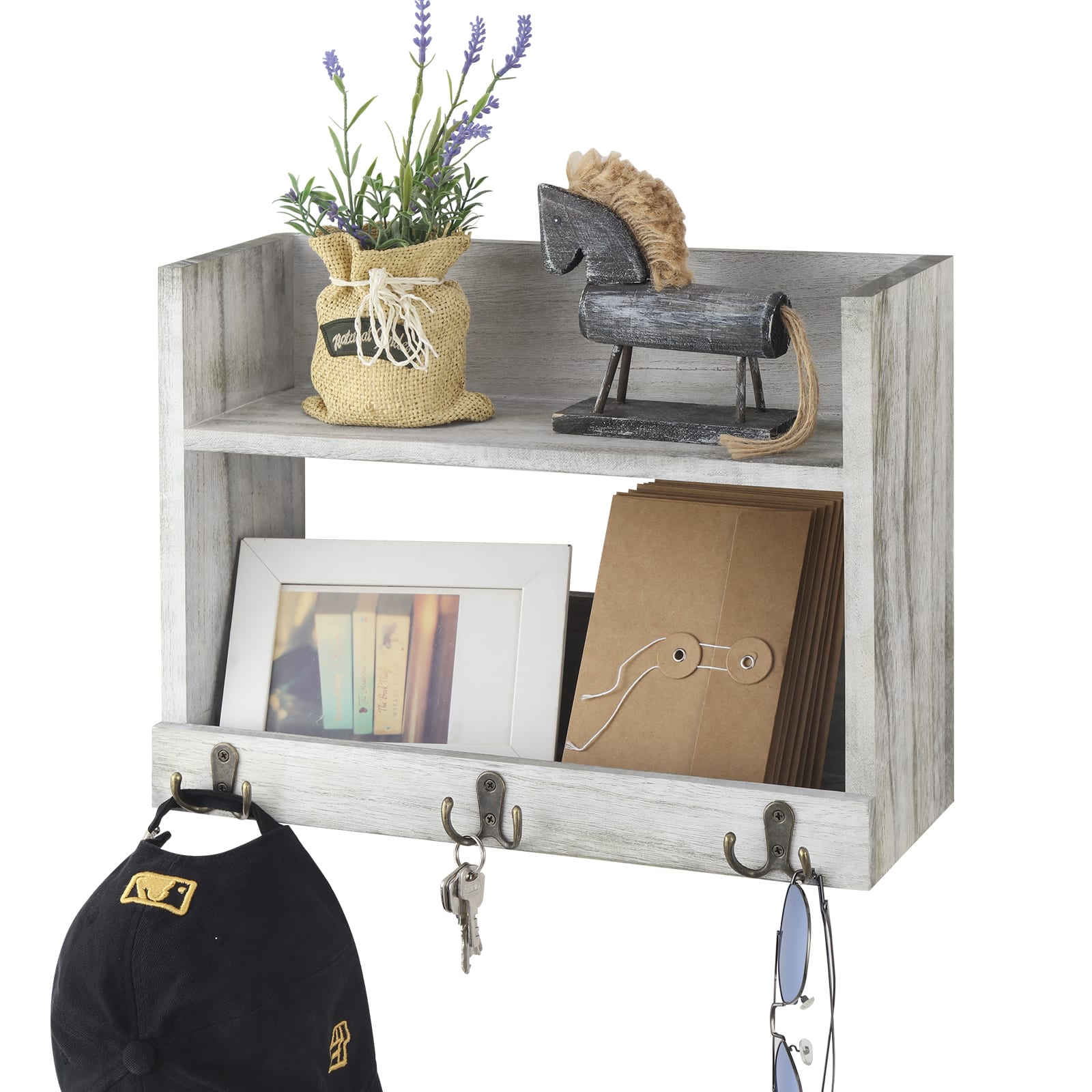 Oumilen - Whitewashed Wall Mounted Storage Shelf with Hooks – Wooden Organizer for Kitchen Bathroom Entryway - Whitewashed