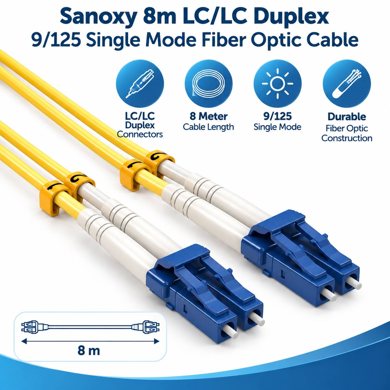 Sanoxy 8m LC/LC Duplex 9/125 Single Mode Fiber Optic Cable

LC/LC Duplex Connectors
8 Meter Cable Length
9/125 Single Mode
Durable Fiber Optic Construction

8 m
