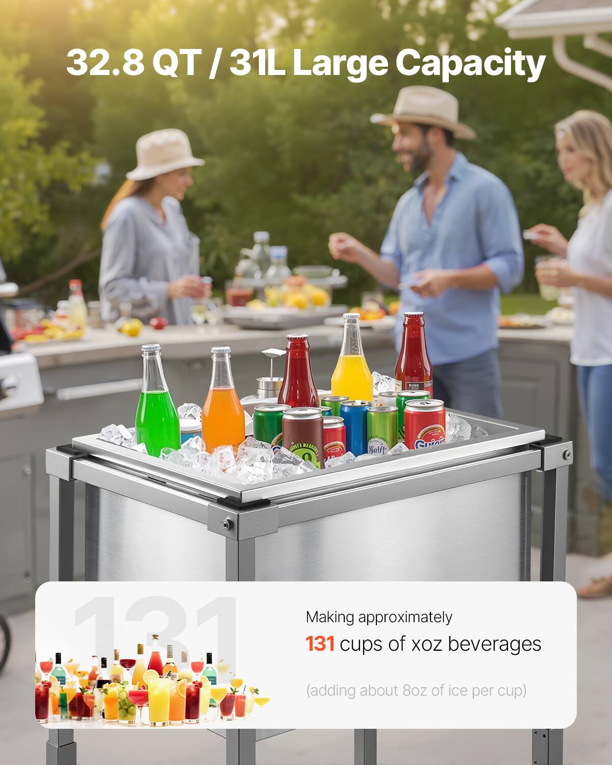 32.8 QT / 31L Large Capacity

Making approximately 131 cups of 16oz beverages (adding about 8oz of ice per cup)