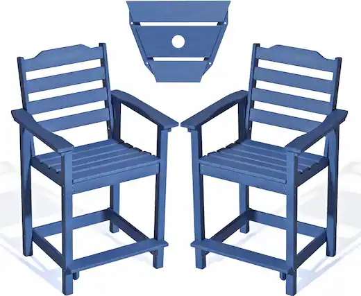 Front. Decksplore - 2-Pack HDPE Tall Chairs with Connecting Tray & Patio Footrest All-Weather Outdoor Use - Dark Blue.