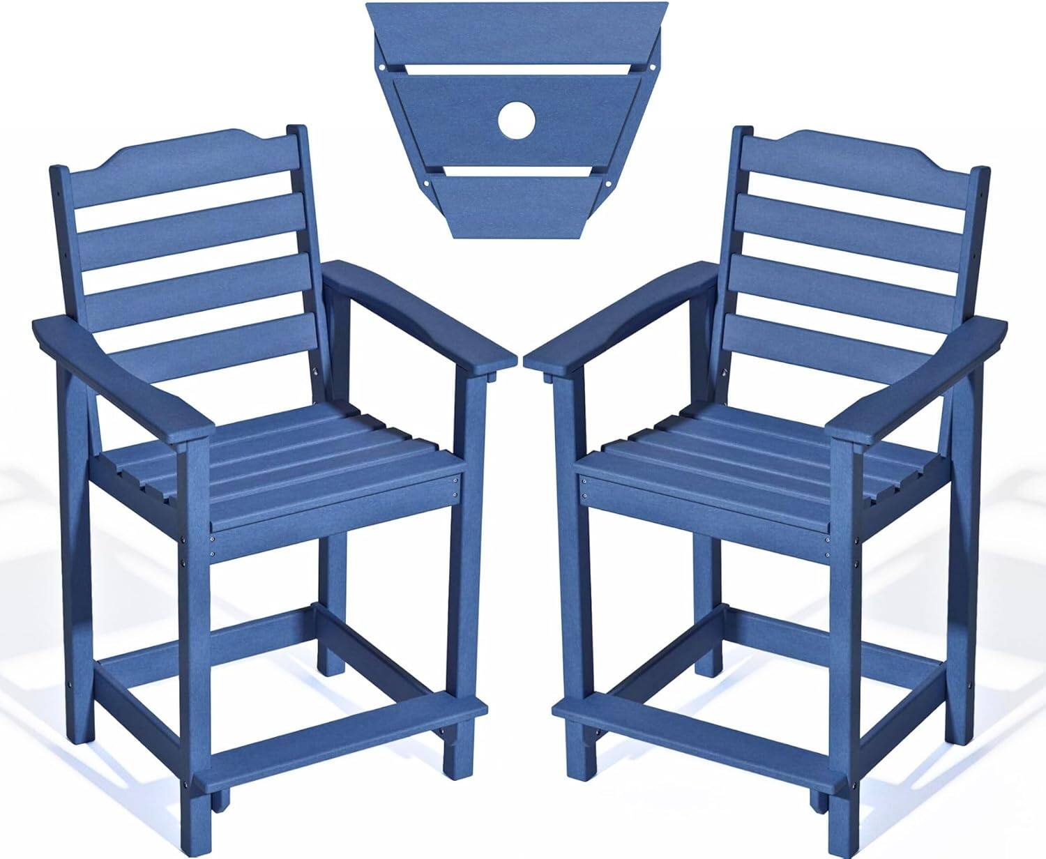 Decksplore - 2-Pack HDPE Tall Chairs with Connecting Tray & Patio Footrest All-Weather Outdoor Use - Dark Blue