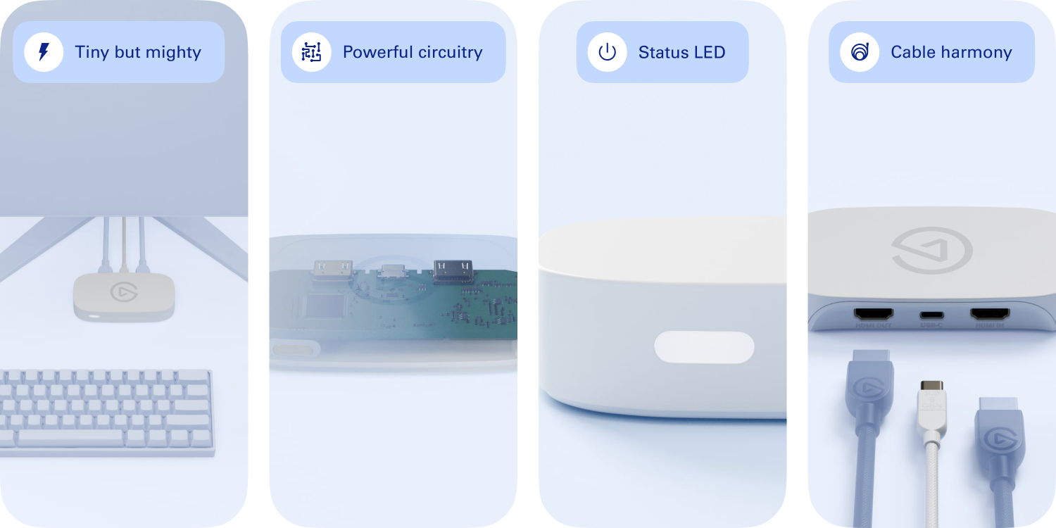 The text on the image is grouped as follows:

1. Tiny but mighty: This refers to the small size of the computer, which is still powerful and capable of performing tasks.
2. Powerful circuitry: This highlights the advanced technology and capabilities of the computer.
3. Status LED: This indicates the presence of a light that shows the status of the computer, such as power or connectivity.
4. Cable harmony: This suggests that the computer and its peripherals, such as the keyboard and mouse, work together seamlessly.
5. HOMA OUT USA-C IOMAI: This is likely a brand name or logo for the computer or its manufacturer.