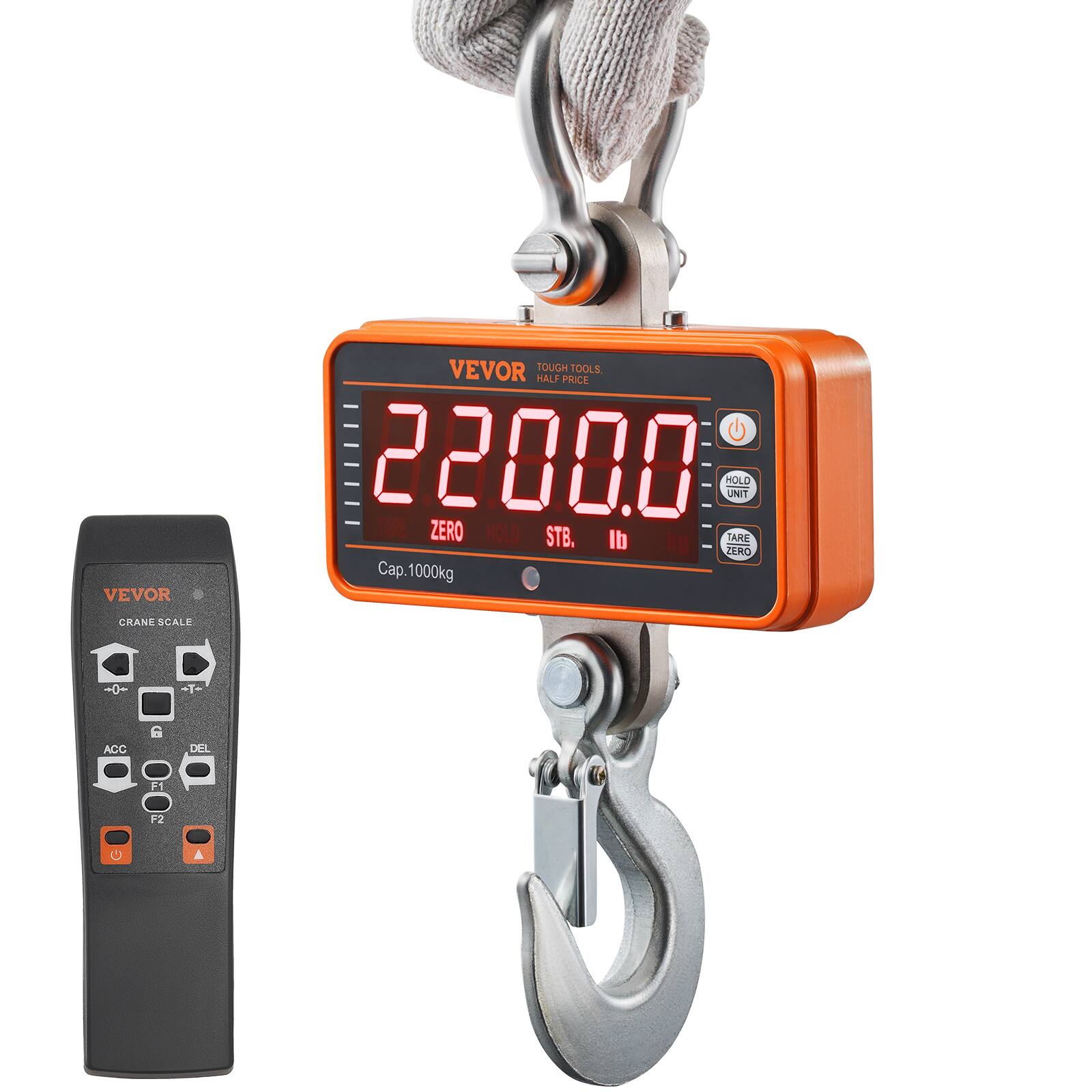 VEVOR TOUGH TOOLS HALF PRICE  
22000 HOLD UNIT IE ZERO HOLD STB.  
TARE lb 1 ZERO  
Cap. 1000kg  
CRANE SCALE  
0+ -Te ACC G DEL F 12 A