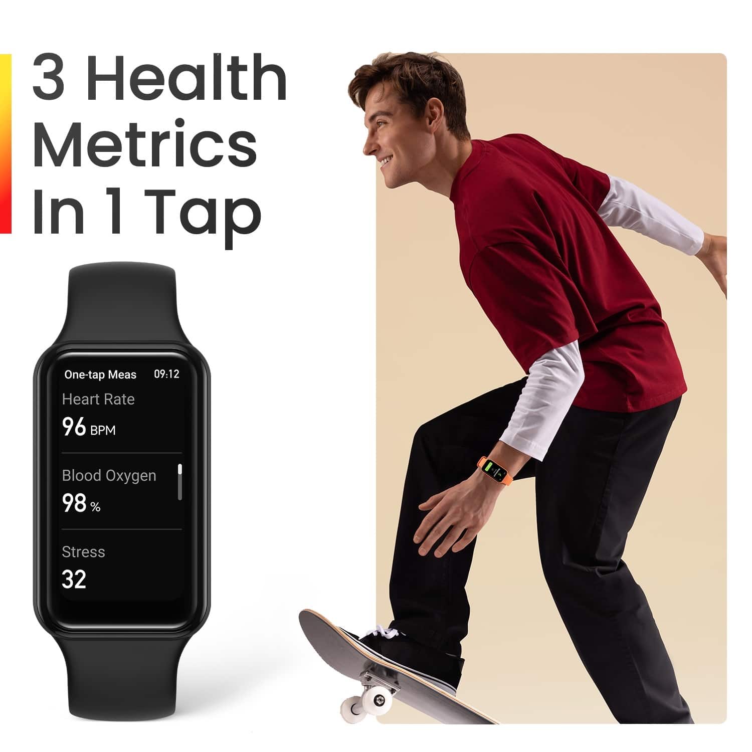 The image features a man riding a skateboard while wearing a smart watch. The watch displays three health metrics in one tap, including heart rate, blood oxygen, and stress levels. The man's heart rate is currently at 96 BPM, and his blood oxygen level is at 98%. Additionally, his stress level is 32%. The image showcases the convenience and functionality of modern smart watches in monitoring one's health and fitness.