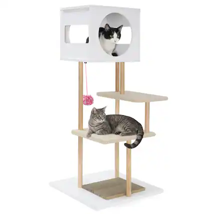 Front. Gymax - Gymax 40'' wood Cat Tower w/2-Door Condo 2 Corrugated Cardboard Scratchers Hanging Ball.