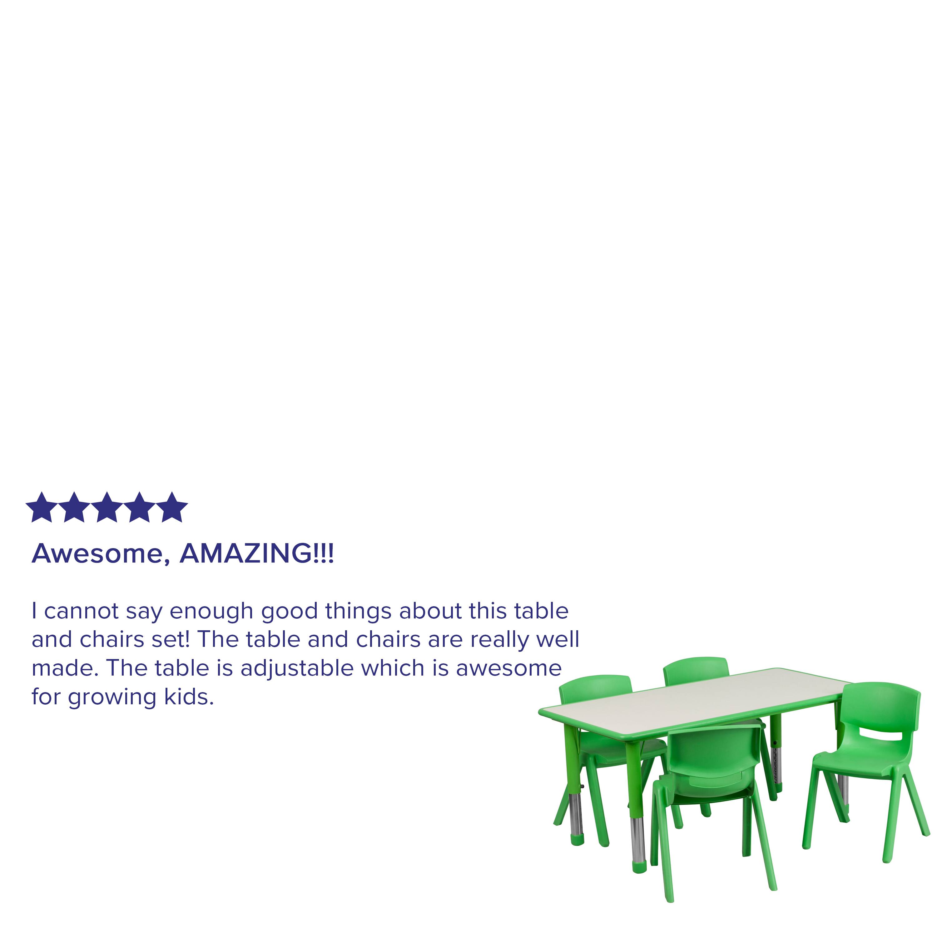 Awesome, AMAZING!!!

I cannot say enough good things about this table and chairs set! The table and chairs are really well made. The table is adjustable which is awesome for growing kids.