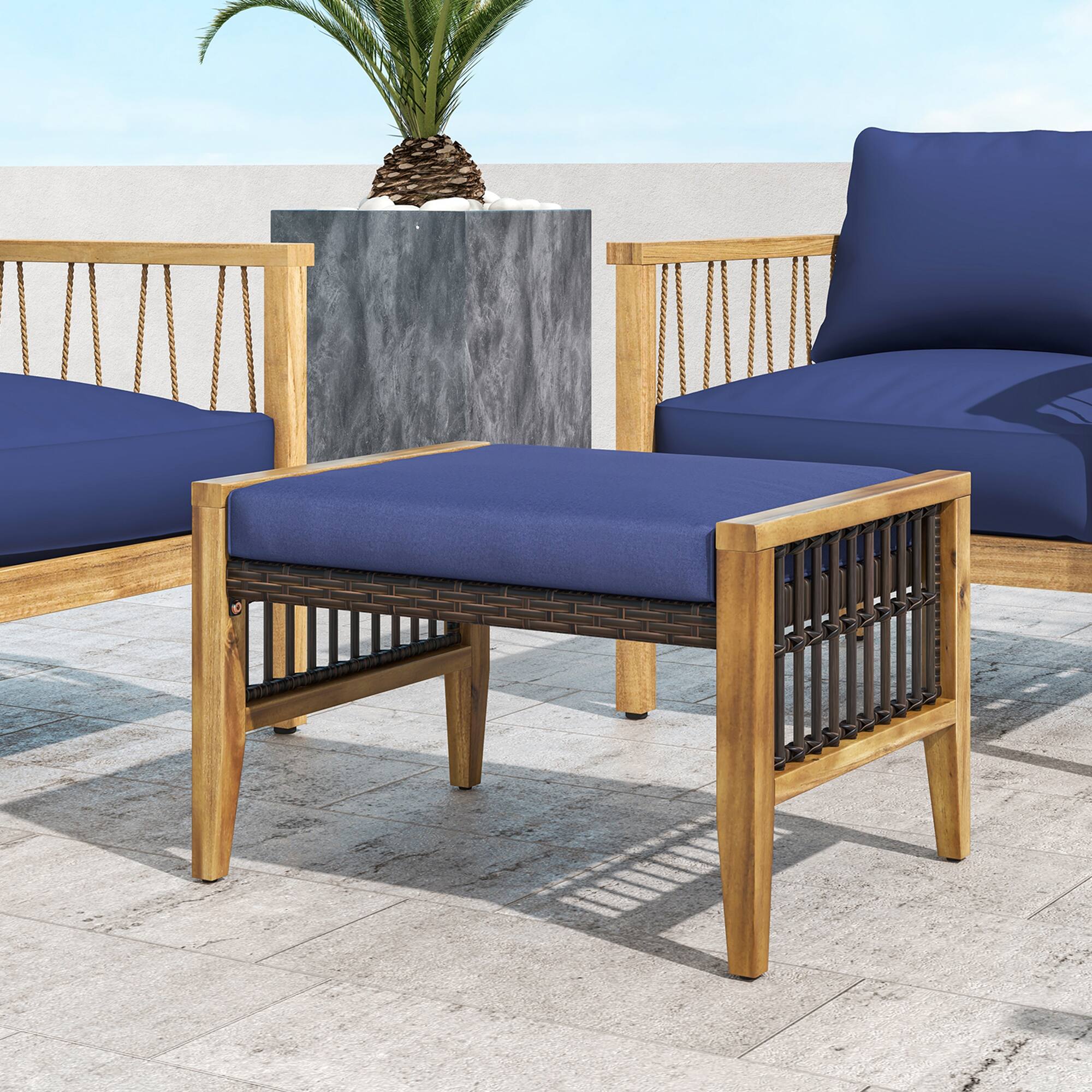 Alt View 3. Gymax - Gymax 2PCS Acacia Wood Outdoor Patio Ottoman Footstool w/ Removable Cushion - Navy.