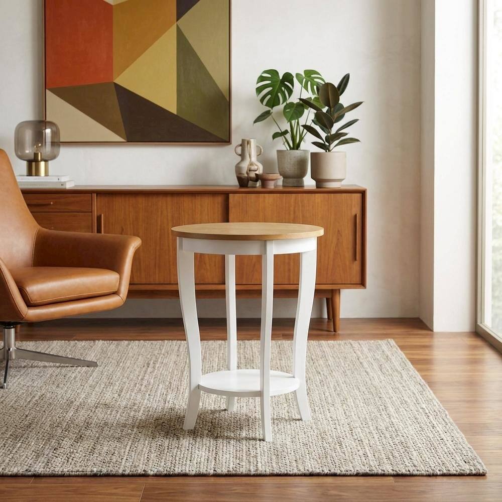 Alt View 2. FurniFact - Round End Table in Contemporary Finish with Sturdy Surface for Living Room - White And NNtural.