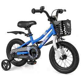 Costway - 12" Kid's Bike with Removable Training Wheels & Basket for 3-4 Years - Blue