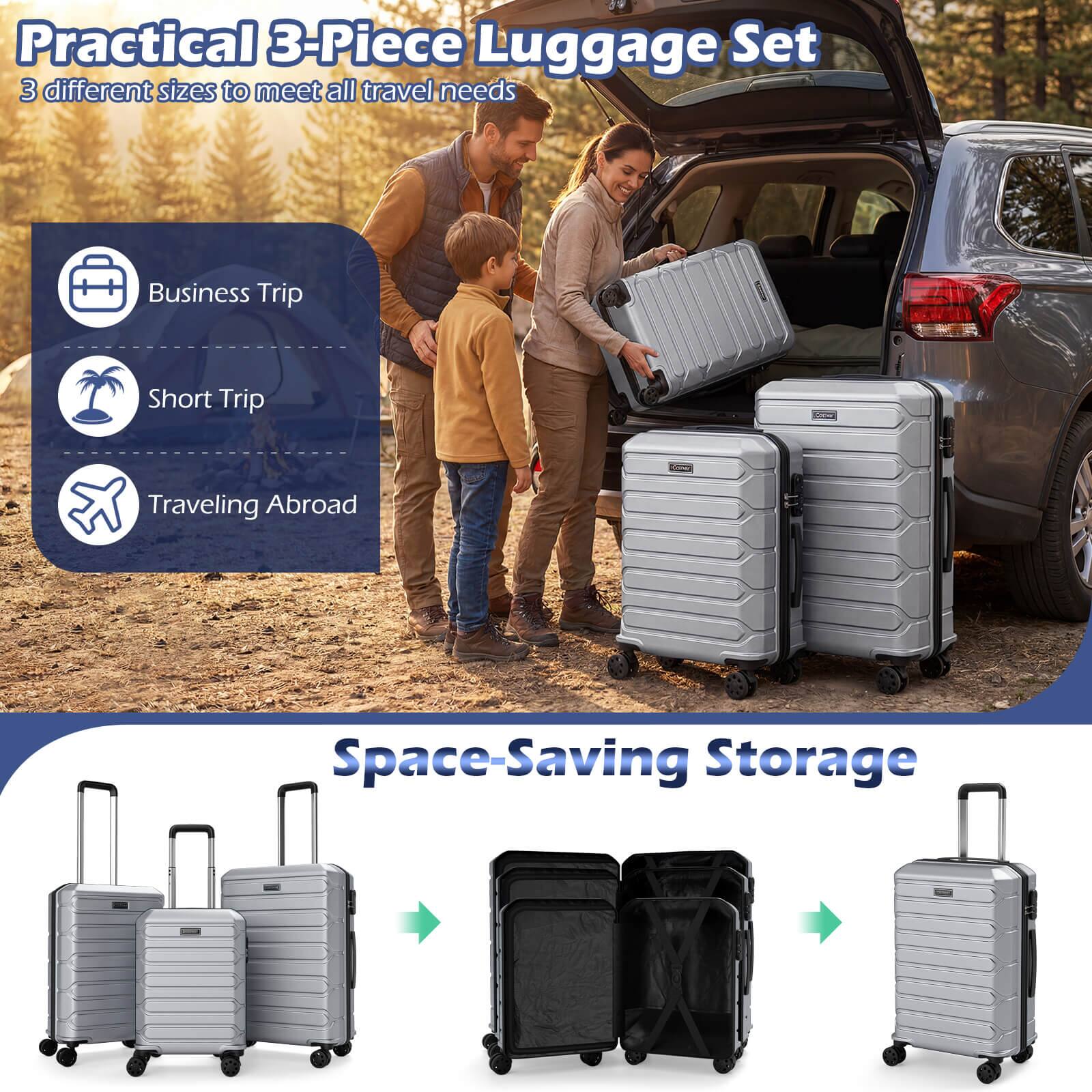 Practical 3-Piece Luggage Set  
3 different sizes to meet all travel needs  

- Business Trip  
- Short Trip  
- Traveling Abroad  

Space-Saving Storage