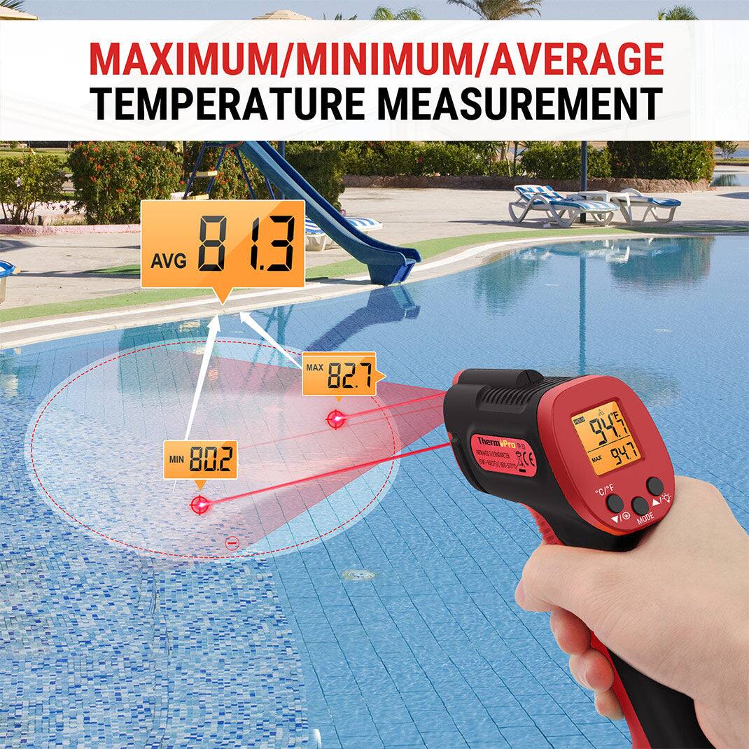 MAXIMUM/MINIMUM/AVERAGE TEMPERATURE MEASUREMENT

AVG 81.3

MAX 82.7

MIN 80.2

Therm Pro

94.1°C

MODE