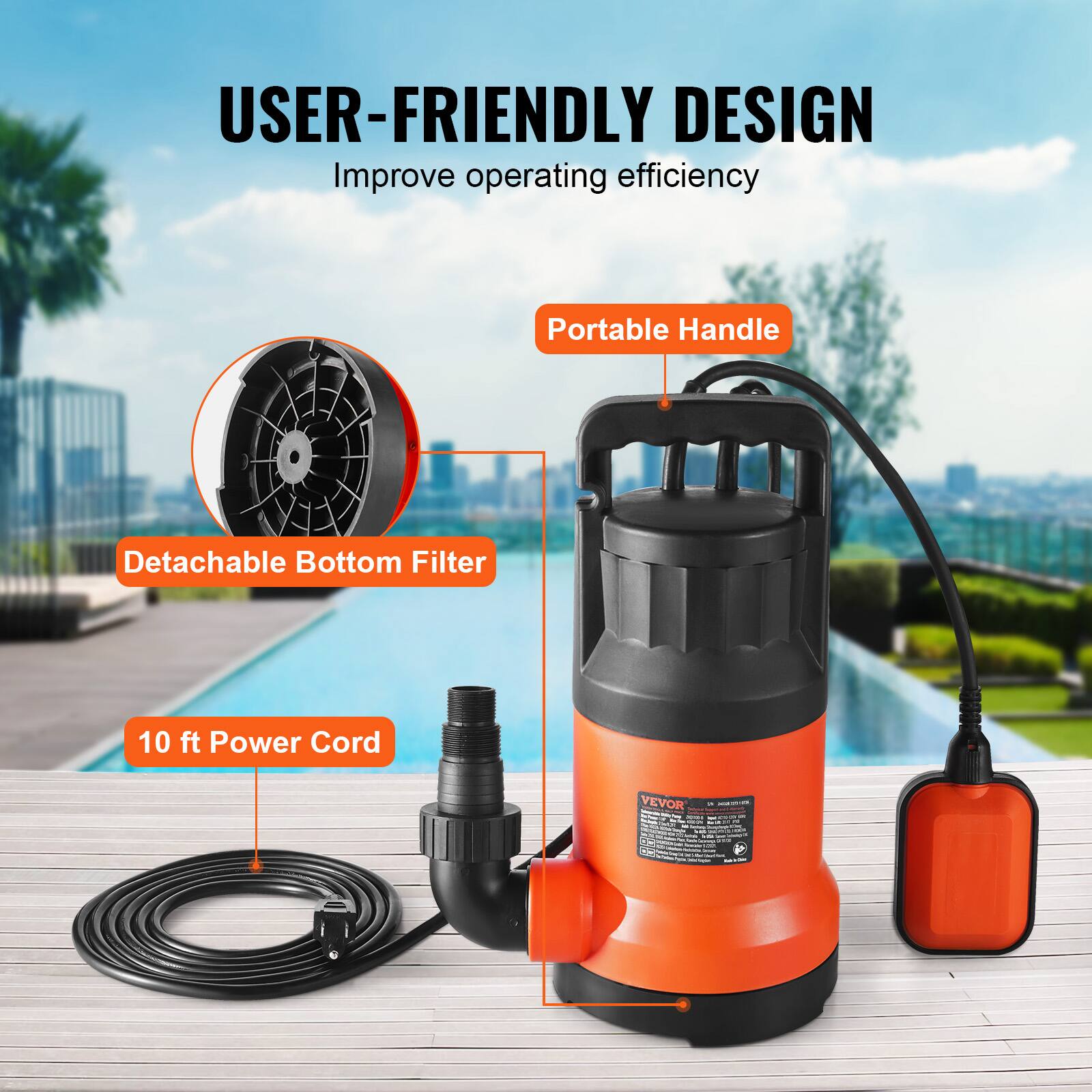 USER-FRIENDLY DESIGN  
Improve operating efficiency  
Portable Handle  
Detachable Bottom Filter  
10 ft Power Cord  
VEVOR