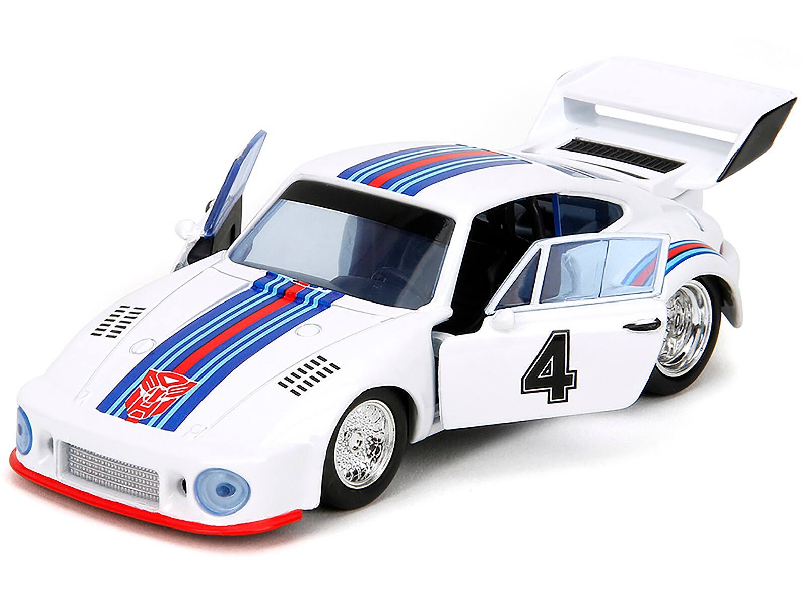Angle. Jada - Porsche 935 Turbo #4 "Jazz" White with Blue and Red Stripes "Transformers" "Hollywood Rides" Series 1/32 -  White With Blue And Red.