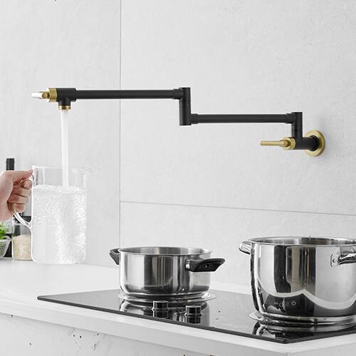 Angle. Siljoy - Pot Filler Faucet Wall Mount Folding Kitchen Sink Faucets Retractable Single Hole with 2 Handles Black & Gold - Black+Gold.