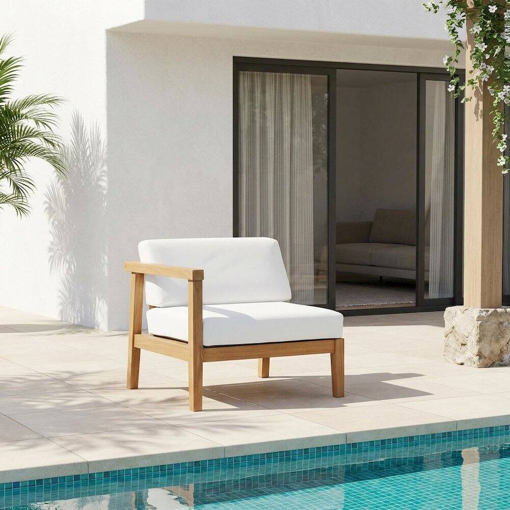 Angle. Outdoor Escape - Outdoor Teak Wood Left-Arm Lounge Chair With Durable Construction - White.
