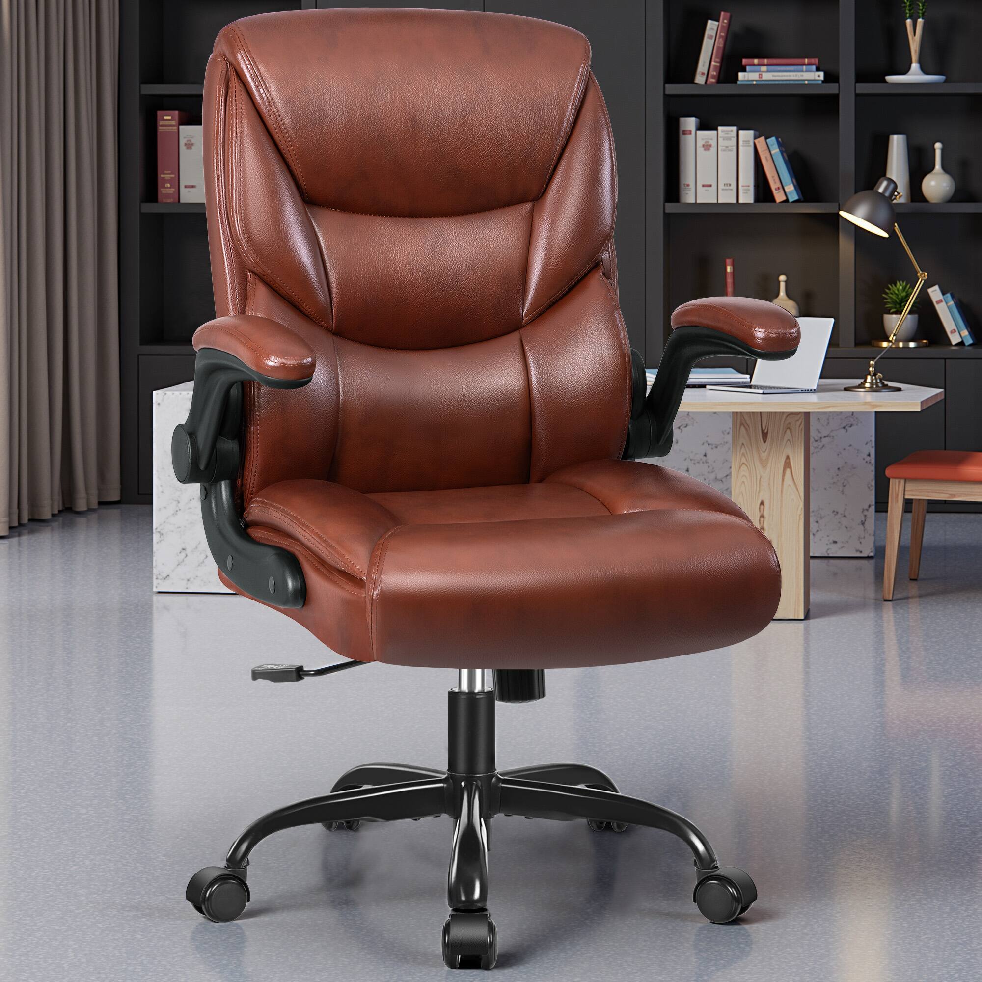 KERDOM - PU Leather Ergonomic Home Desk Chair, Tilt Small Computer Chair Adjustable Height, Rolling Swivel & Flip-Up Padded Arms - Brown