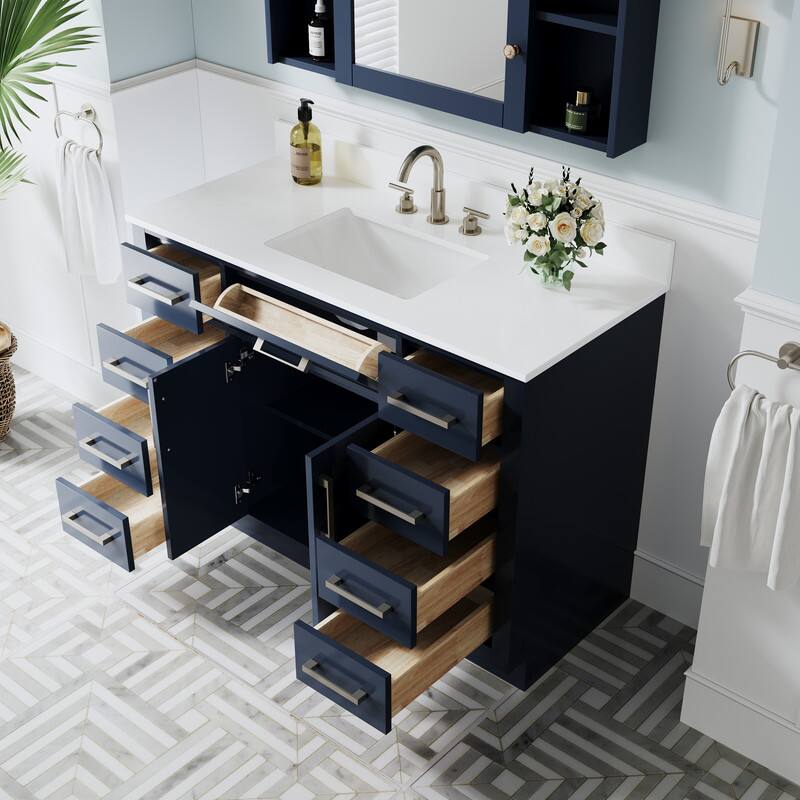 Left. WELLFOR - 48 in Solid Wood Bathroom Vanity with Sink,2 Soft-Close Doors,9 Drawers&Cultured Marble Countertop,Brushed Nickel Handle - Navy Blue.