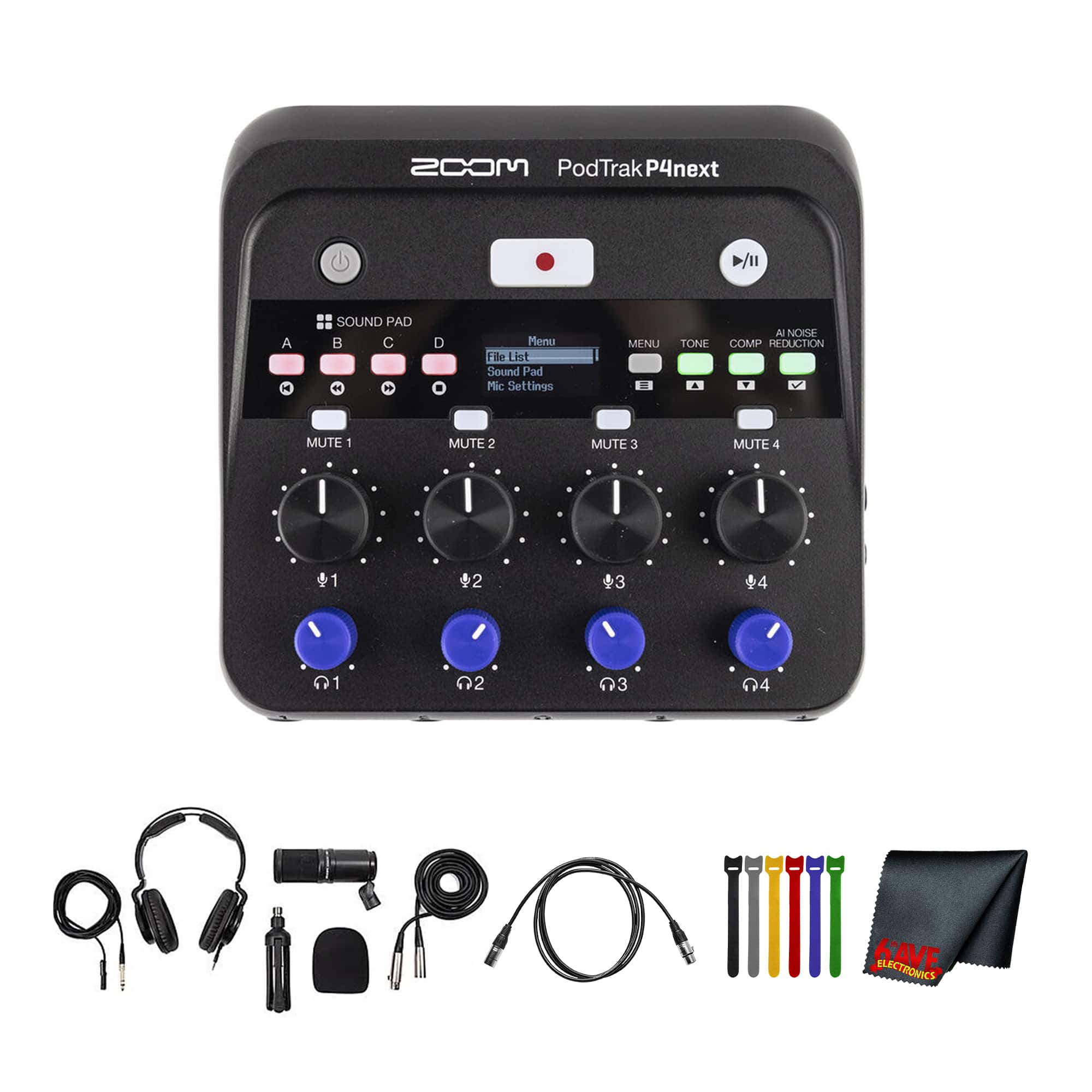 Zoom - PodTrak P4next Podcast Recorder, Battery Powered, 4 Microphone Inputs, 4 Headphone Outputs, AI Noise Reduction, Ton