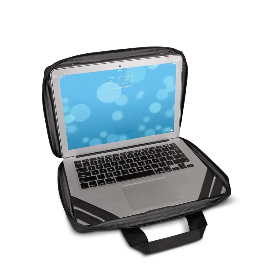 The image shows a laptop computer that is open and placed inside a black case. The laptop screen displays the time of 7:06. The laptop is surrounded by a black case, which provides protection and portability for the device. The case has a handle for easy carrying, making it a convenient option for those who need to transport their laptop frequently.