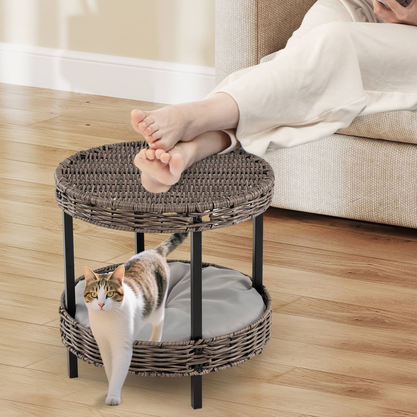 Alt View 1. Gymax - Gymax 2-tier Rattan Cat Nest Wicker Kitten House w/ Removable Padded Cushion for Home.