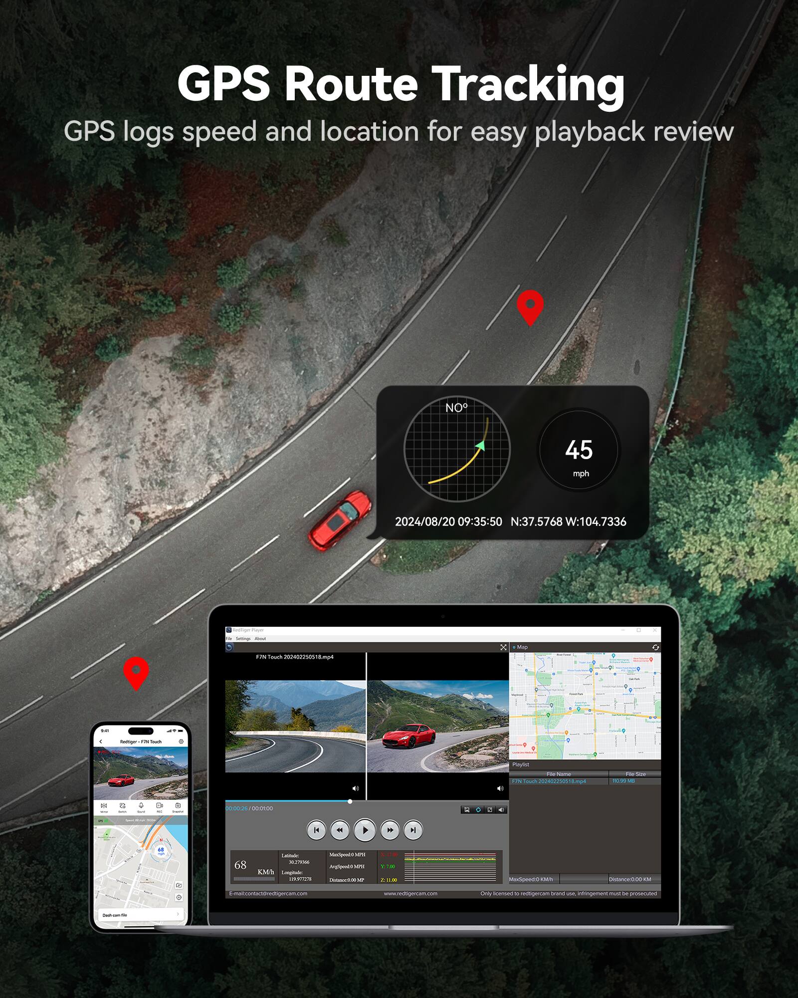 GPS Route Tracking  
GPS logs speed and location for easy playback review  

NO 45 mph  
2024/08/20 09:35:50  
N:37.5768 W:104.7336  

22210/8 Amas .- nm - - + Proylae - - E Touc2080250118.4 - - ... -  ee ee - - | 2 UTIE - . " 1 H 68 - Mai Meshoras - Ago3  1  T 4 Medpeodo M m ... - Ceny Seed  Mga  - dingetent - T IUS -