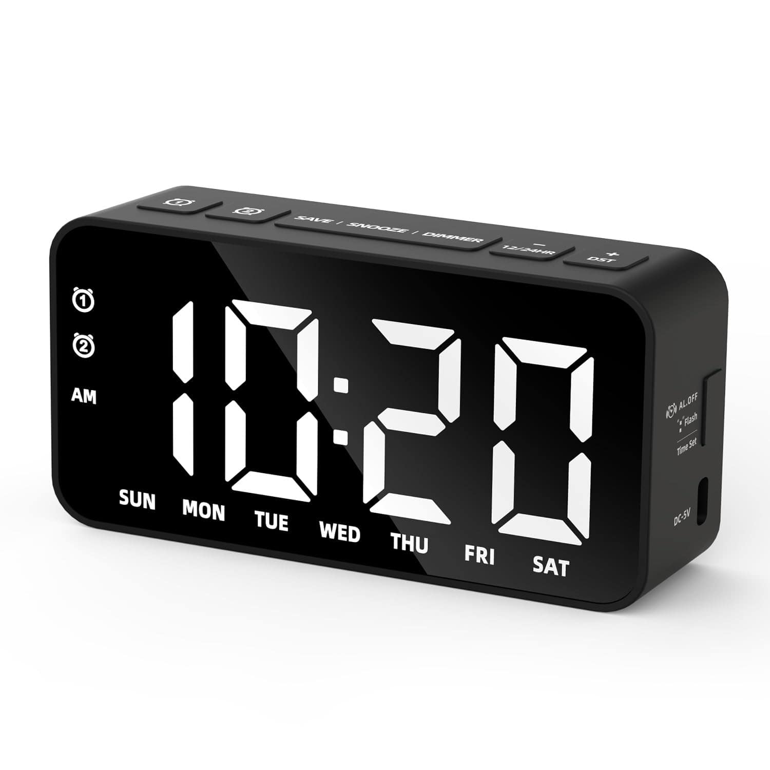 Dazzed Corner - Plug-in Digital Alarm Clock with Rechargeable Battery, Dual Alarm - Black