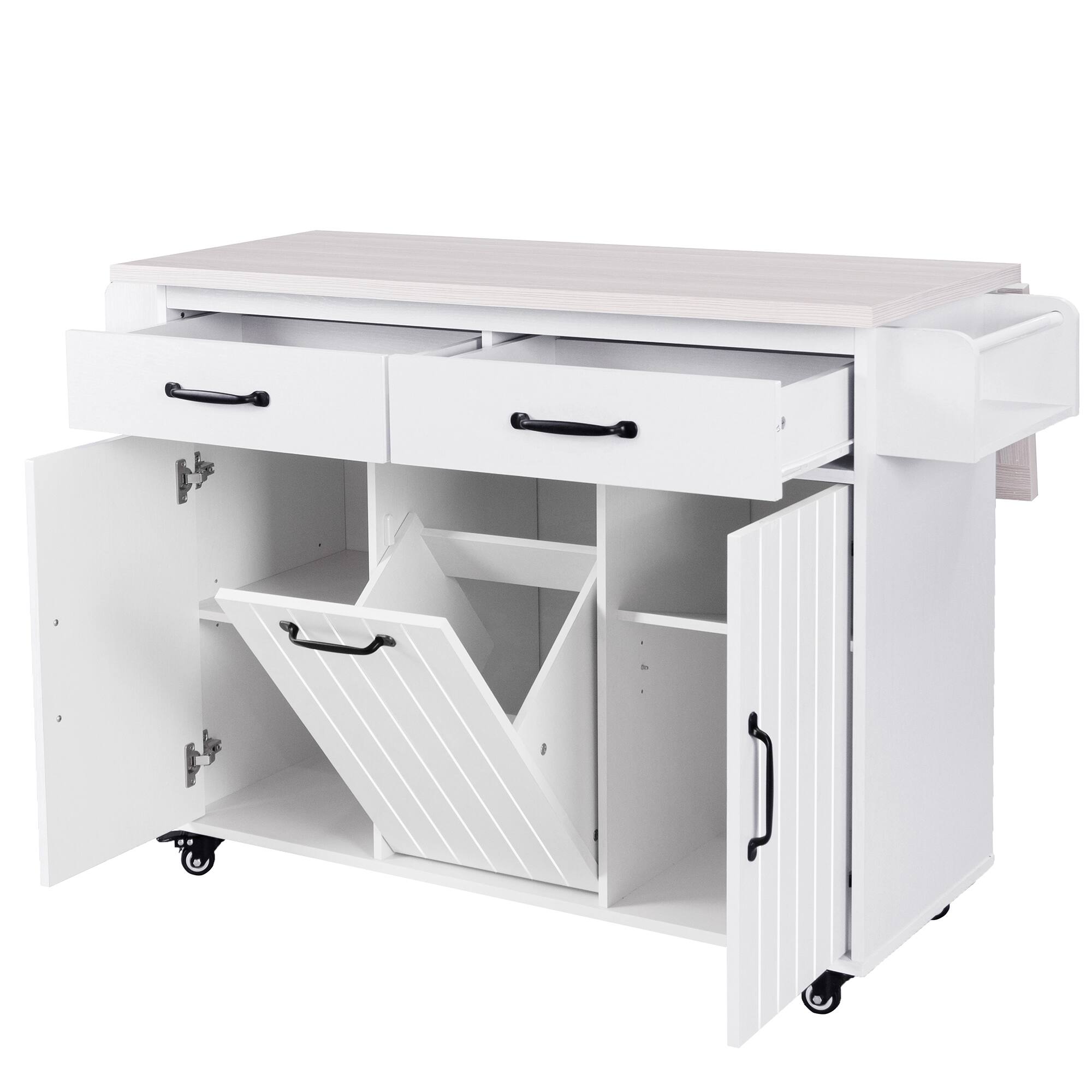 Alt View 6. Spaco - Spaco Kitchen Island Cart with Trash Cabinet, Drop Leaf, Spice Towel Rack Drawer, Adjustable Shelf Rolling Cart - Ameican White Oak.