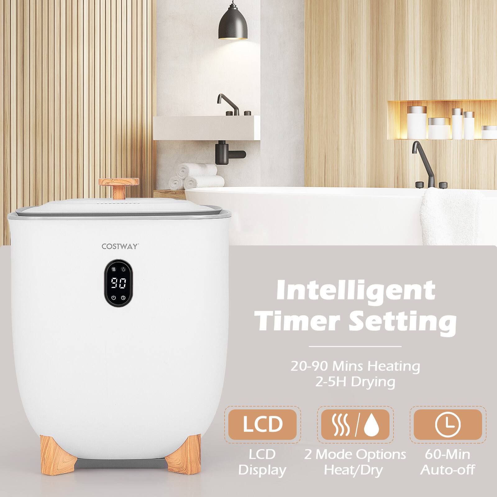 COSTWAY

Intelligent Timer Setting

20-90 Mins Heating  
2-5H Drying

LCD Display  
2 Mode Options (Heat/Dry)  
60-Min Auto-off