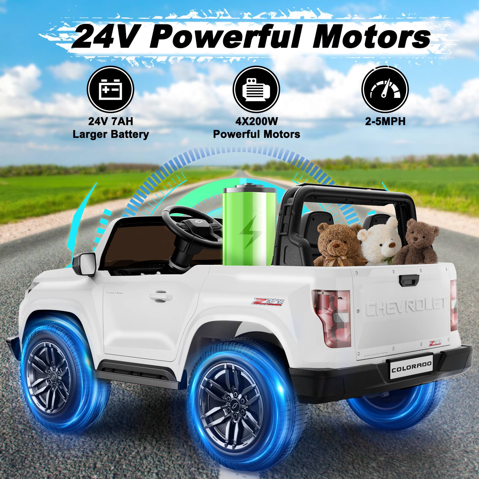 24V Powerful Motors  
24V 7AH Larger Battery  
4X200W Powerful Motors  
2-5MPH  

ZAS  
CHEVROLET  
COLORADO