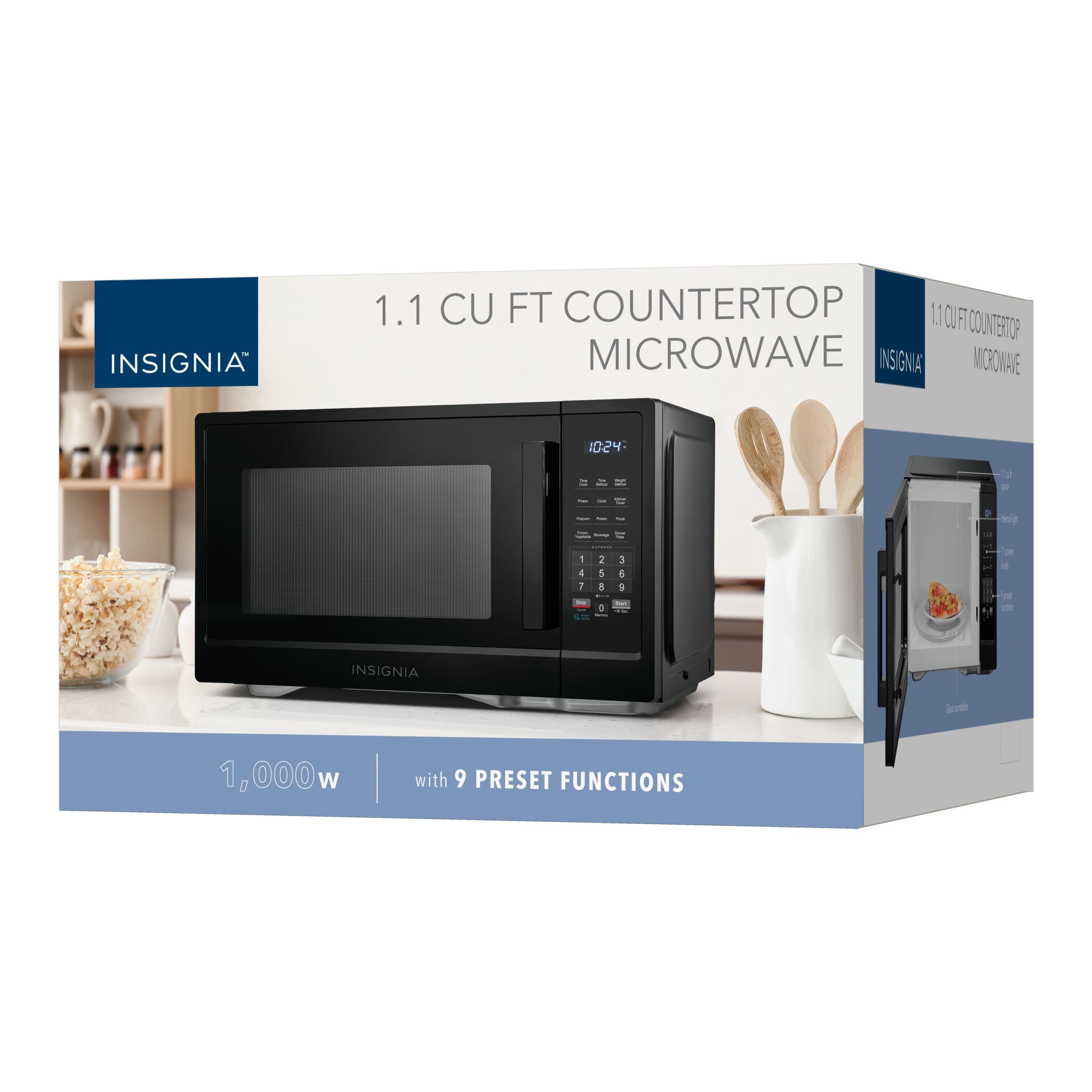 INSIGNIA 1.1 CU FT COUNTERTOP MICROWAVE
1,000W with 9 PRESET FUNCTIONS