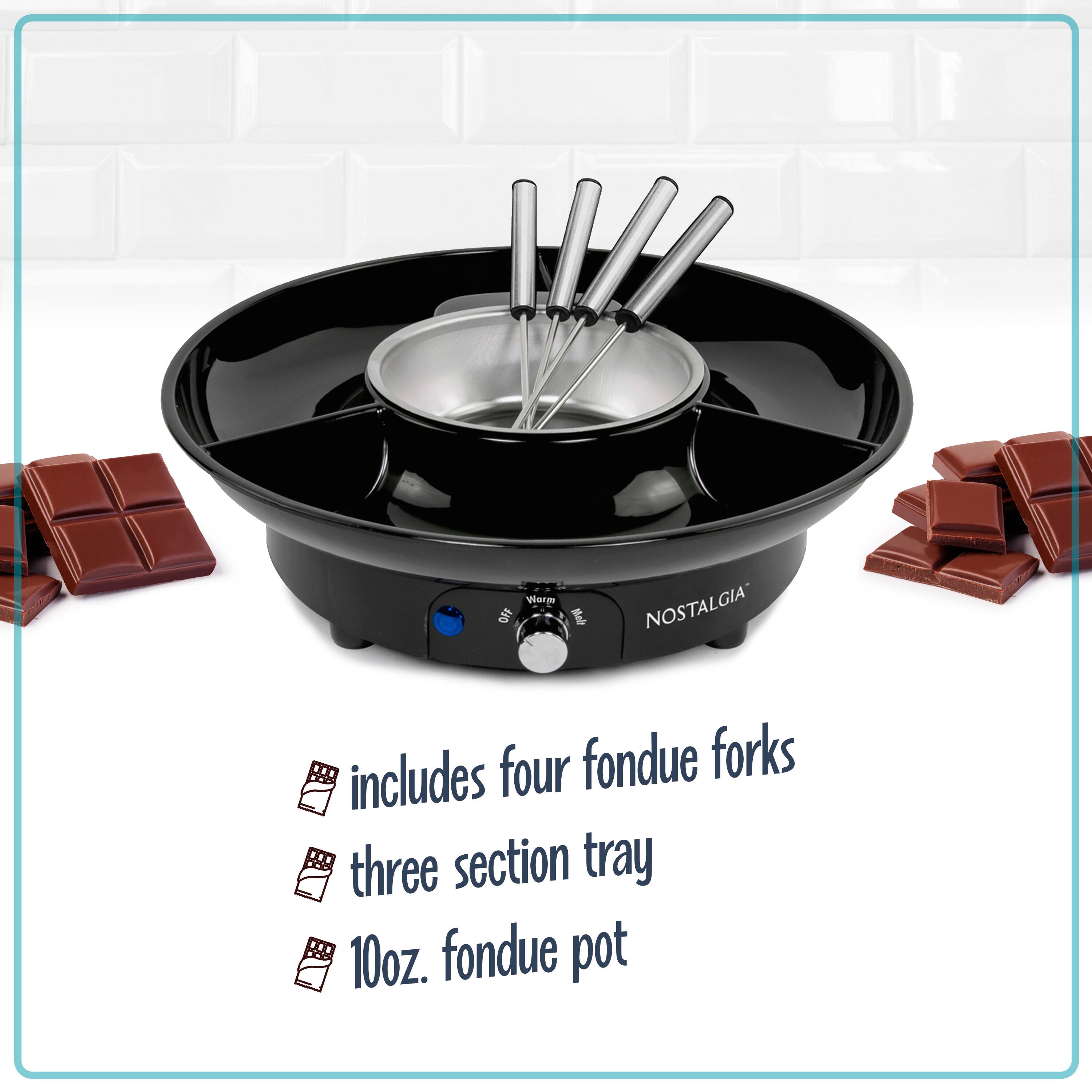Worm Mab NOSTALGIA includes four fondue forks, three-section tray, and a 10oz. fondue pot.