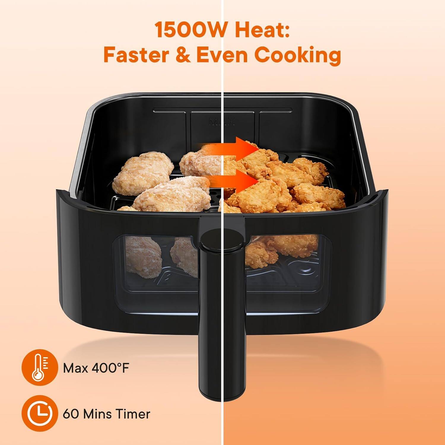 1500W Heat: Faster & Even Cooking  
Max 400°F  
60 Mins Timer