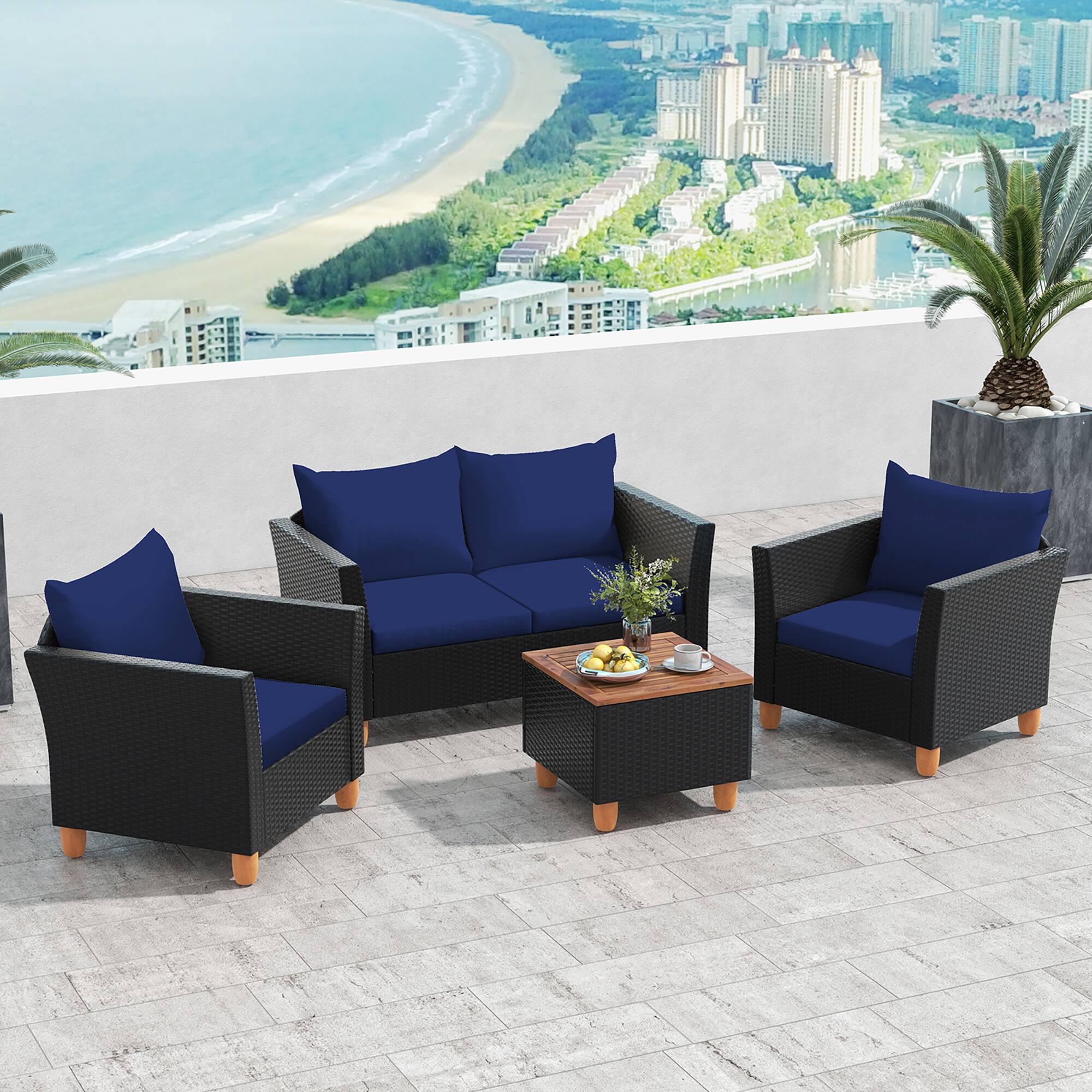 Alt View 9. Gymax - Gymax 4 PCS Wicker Patio Furniture Set w/ Removable Cushions Storage Coffee Table Navy - Navy.