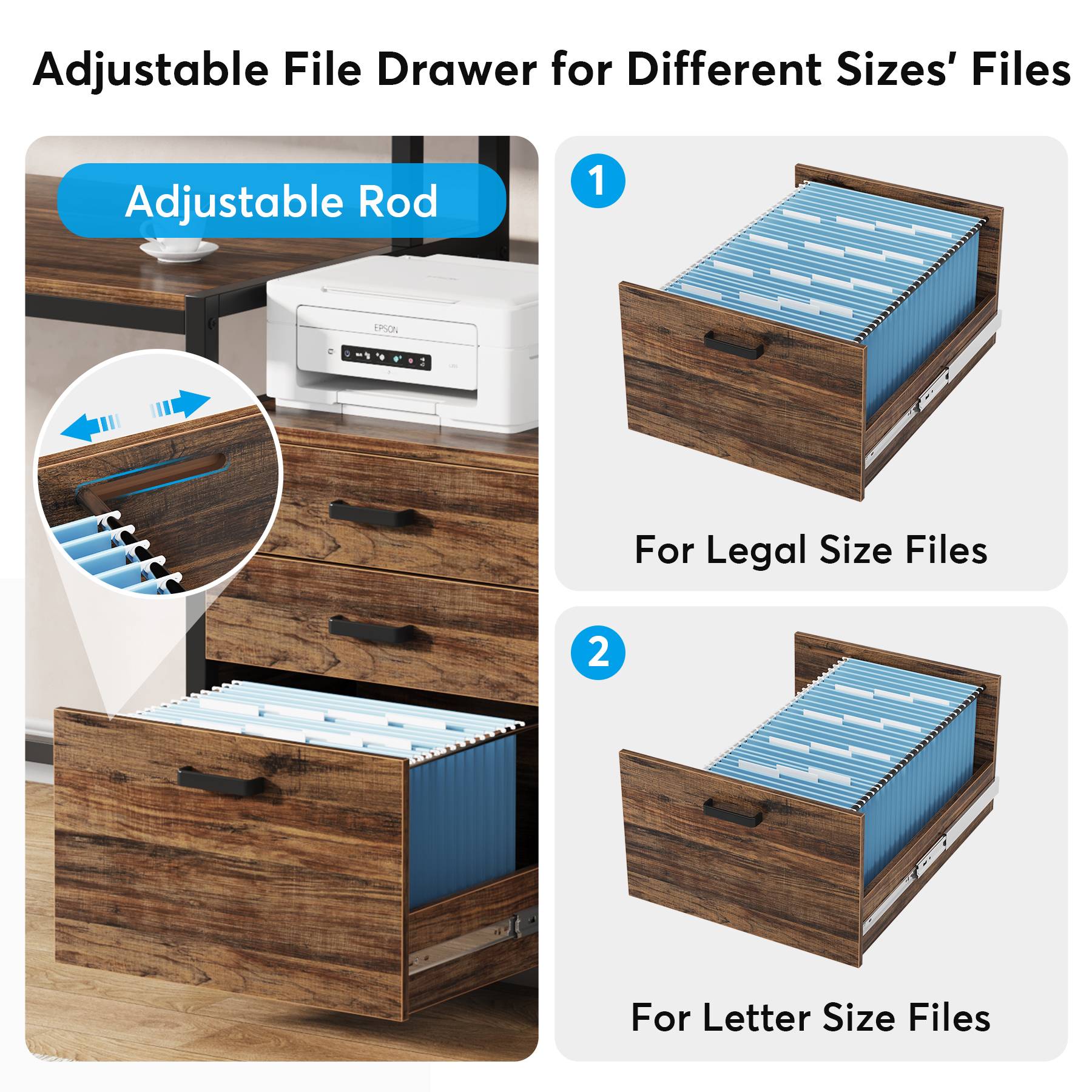 Adjustable File Drawer for Different Sizes' Files

Adjustable Rod

1. For Legal Size Files

2. For Letter Size Files