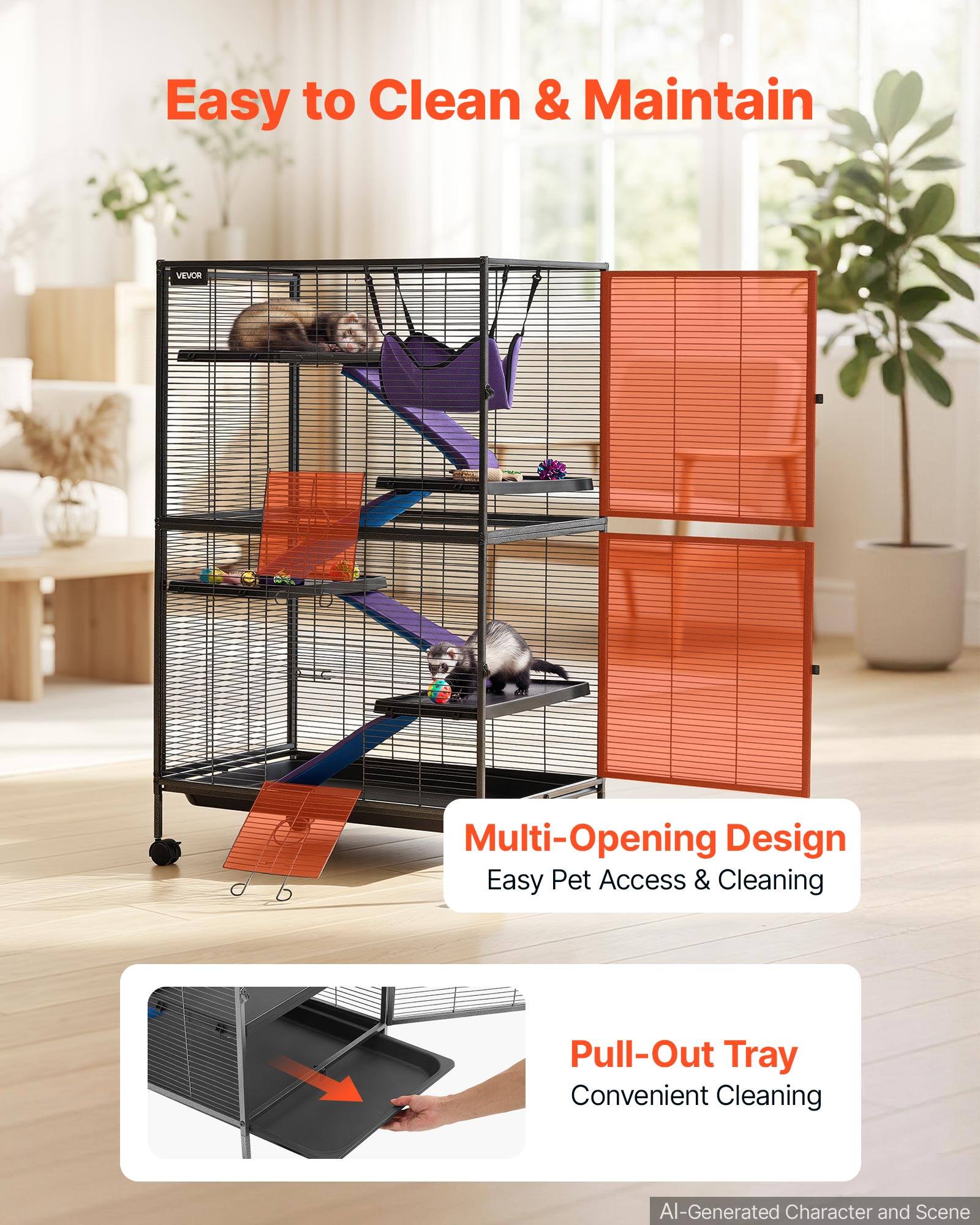 Easy to Clean & Maintain

VEVOR

Multi-Opening Design
Easy Pet Access & Cleaning

Pull-Out Tray
Convenient Cleaning

AI-Generated Character and Scene