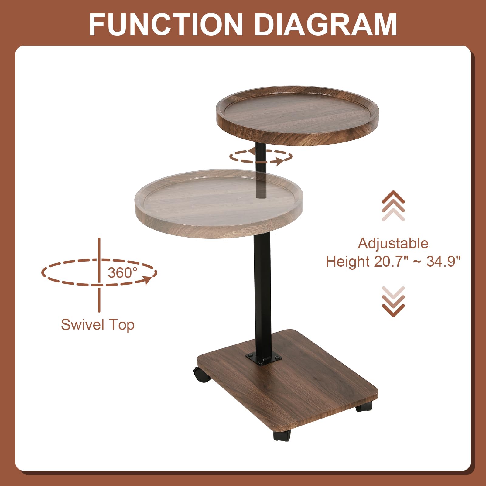 FUNCTION DIAGRAM

- Swivel Top
- Adjustable Height 20.7" ~ 34.9"