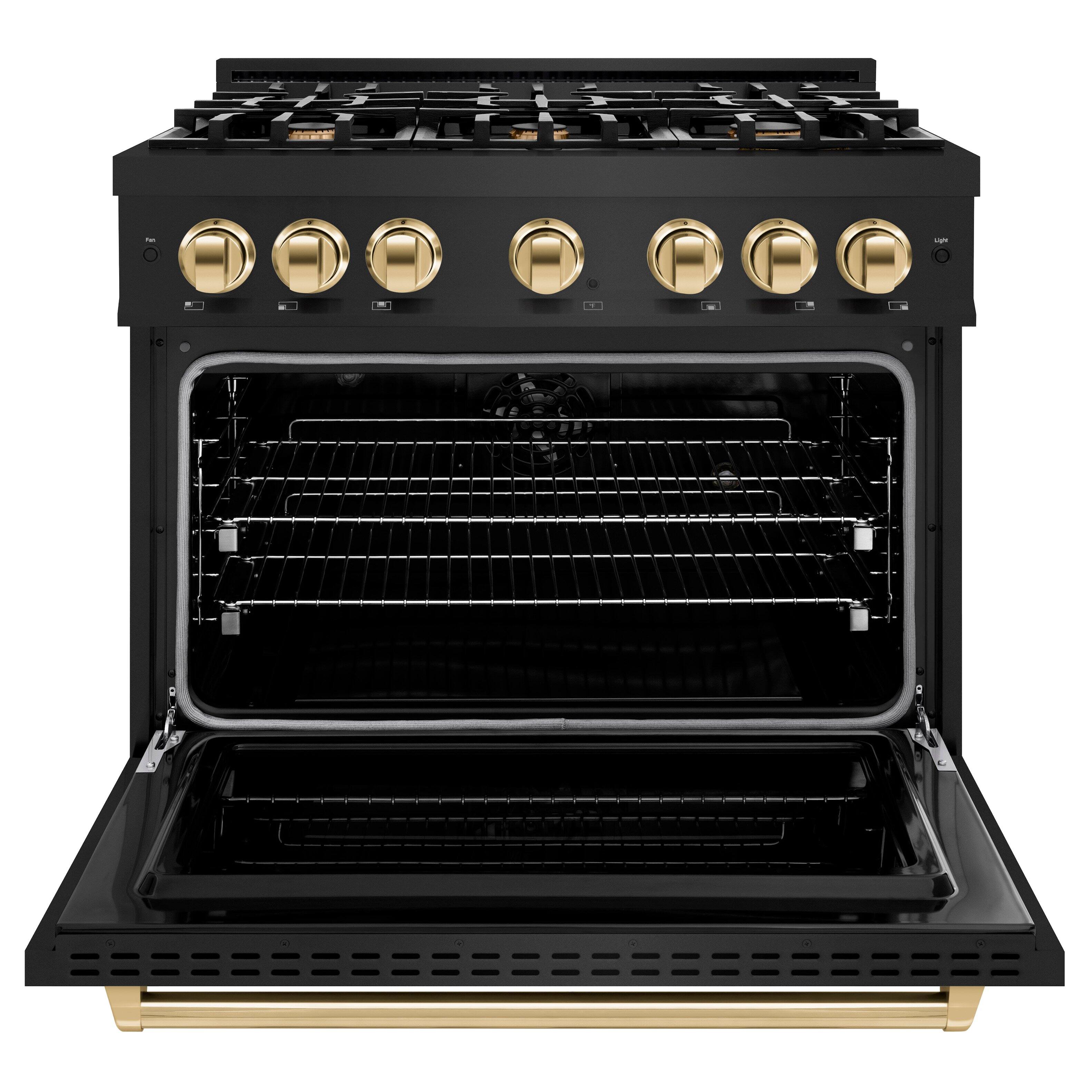 Angle. ZLINE - ZLINE Autograph 36" Classic Dual Fuel Black Stainless Range w/ Gold Accents (CDRBZ-36-G) - Black Stainless Steel.