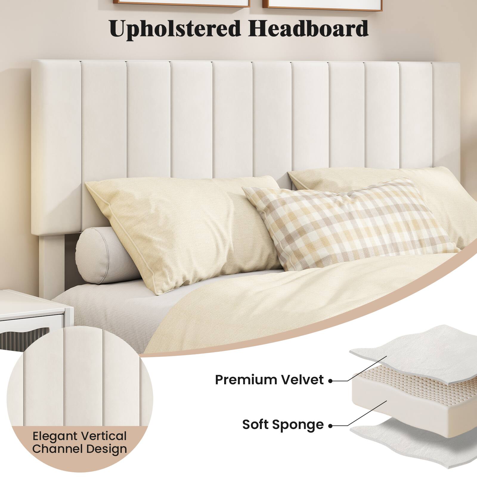 Upholstered Headboard Premium Velvet Elegant Vertical Channel Design Soft Sponge