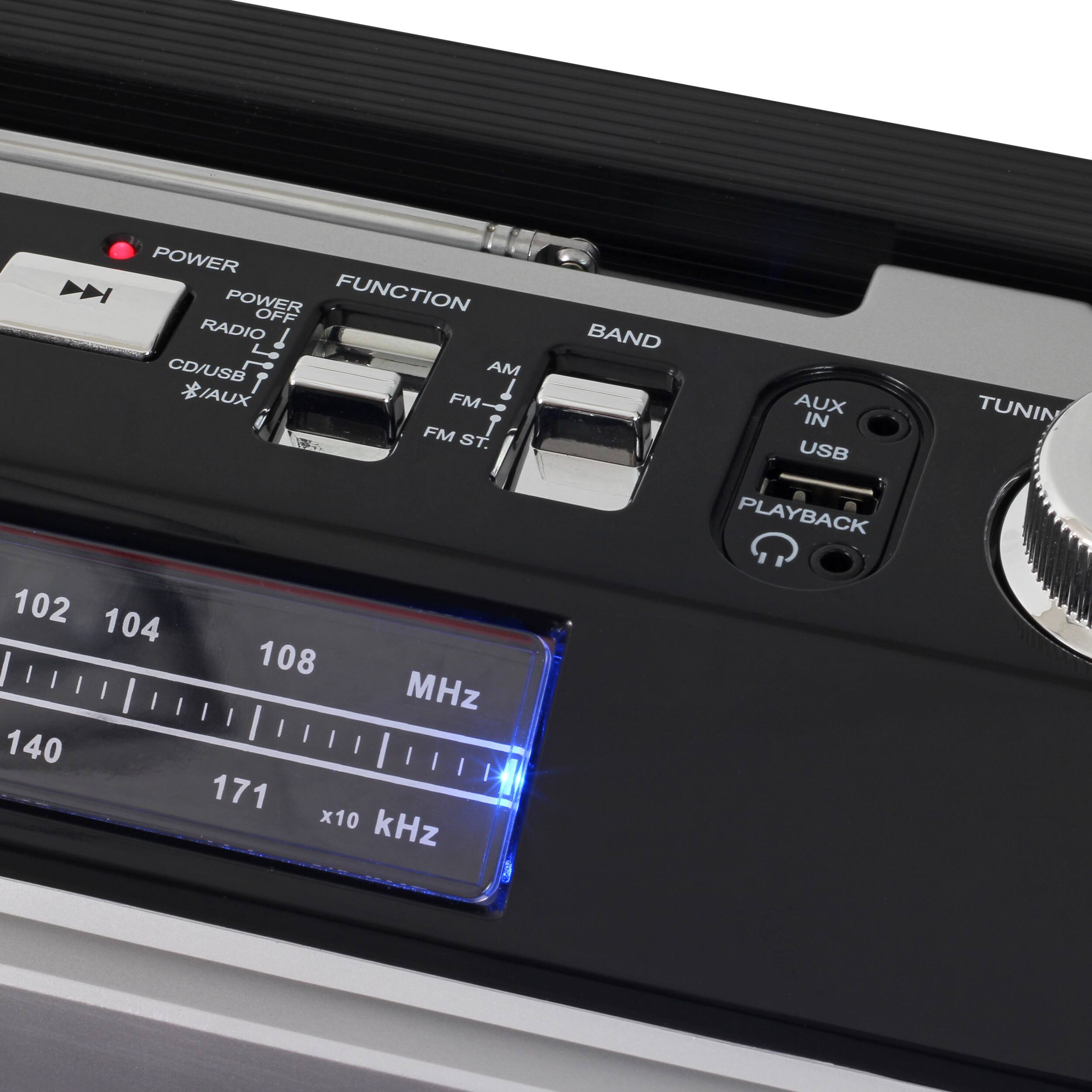 The text on the image is grouped and corrected as follows:
1. Power: The power button is located on the left side of the device.
2. Function: The function button is located in the middle of the device.
3. Off: The off button is located on the right side of the device.
4. Radio: The radio button is located on the left side of the device.
5. CD/USB: The CD/USB button is located on the right side of the device.
6. AM/FM: The AM/FM button is located in the middle of the device.
7. Aux: The Aux button is located on the right side of the device.
8. 102: The 102 button is located on the left side of the device.
9. 104: The 104 button is located on the left side of the device.
10. 140: The 140 button is located on the left side of the device.
11. 108: The 108 button is located on the left side of the device.
12. MHz: The MHz button is located on the right side of the device.
13. 171: The 171 button is located on the right side of the device.
14. x10 kHz: The x10 kHz button is located on the right side of the device.