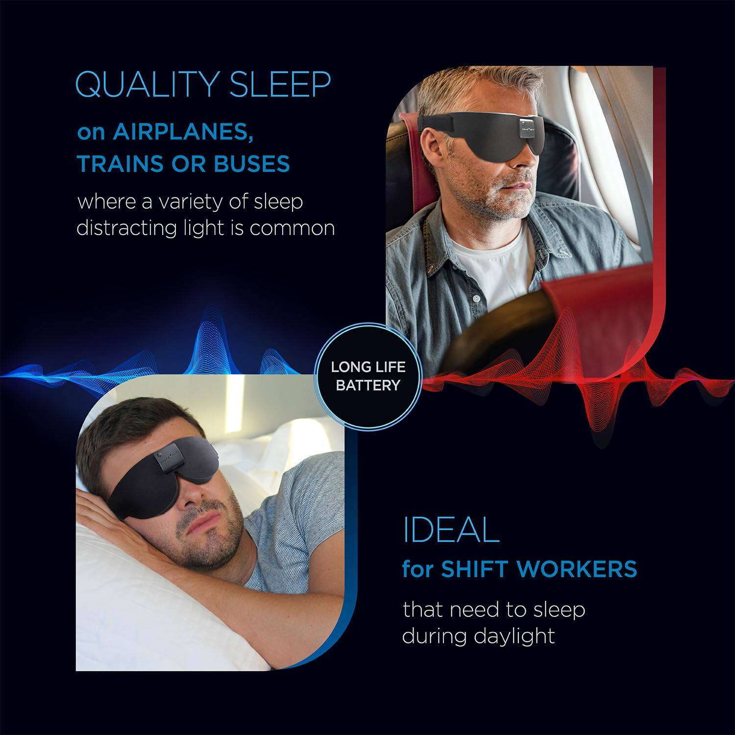 QUALITY SLEEP  
on AIRPLANES, TRAINS OR BUSES  
where a variety of sleep distracting light is common  

LONG LIFE BATTERY  

IDEAL  
for SHIFT WORKERS  
that need to sleep during daylight