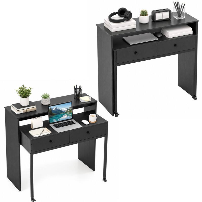 Left. WELLFOR - Extendable Computer Desk with 2 Drawers, Home Office Desk with Pull Out Secondary Desk  for Study,Working,Writing - Black.