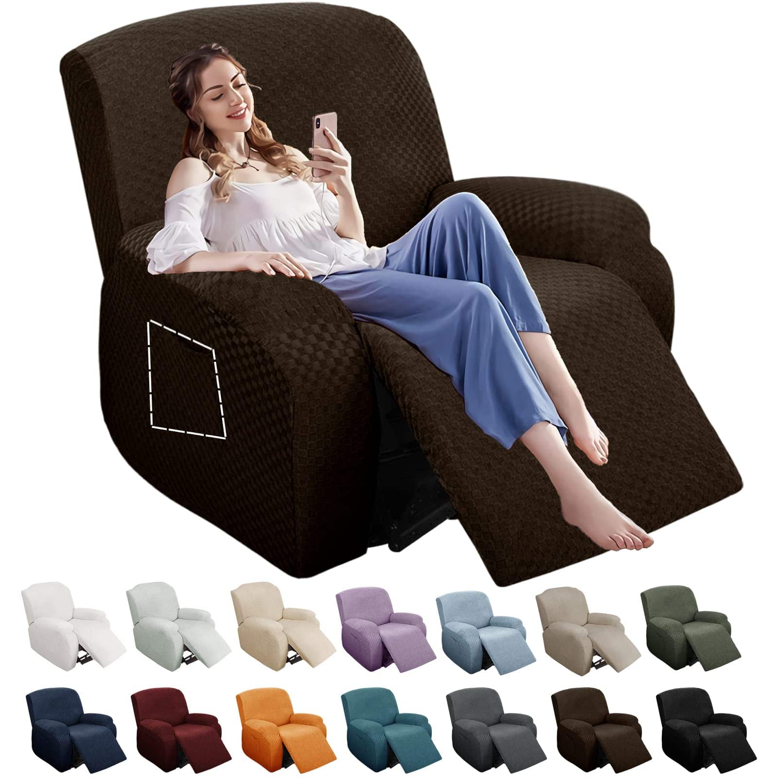 Front. JETRANSPORT - 4 Pieces Stretch Recliner Slipcover Jacquard Chair Cover With Side Pocket Anti-slip Fitted Couch Furniture ... - Dark Coffee 1 Seater.