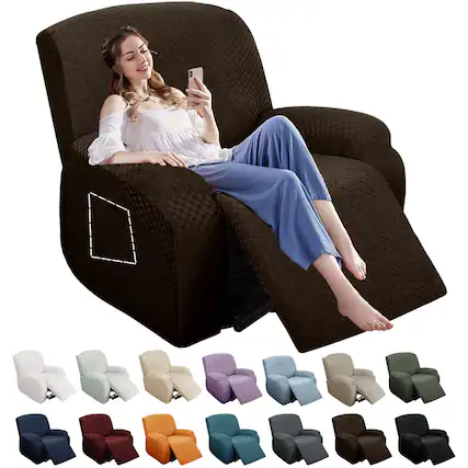 Front. JETRANSPORT - 4 Pieces Stretch Recliner Slipcover Jacquard Chair Cover With Side Pocket Anti-slip Fitted Couch Furniture ... - Dark Coffee 1 Seater.