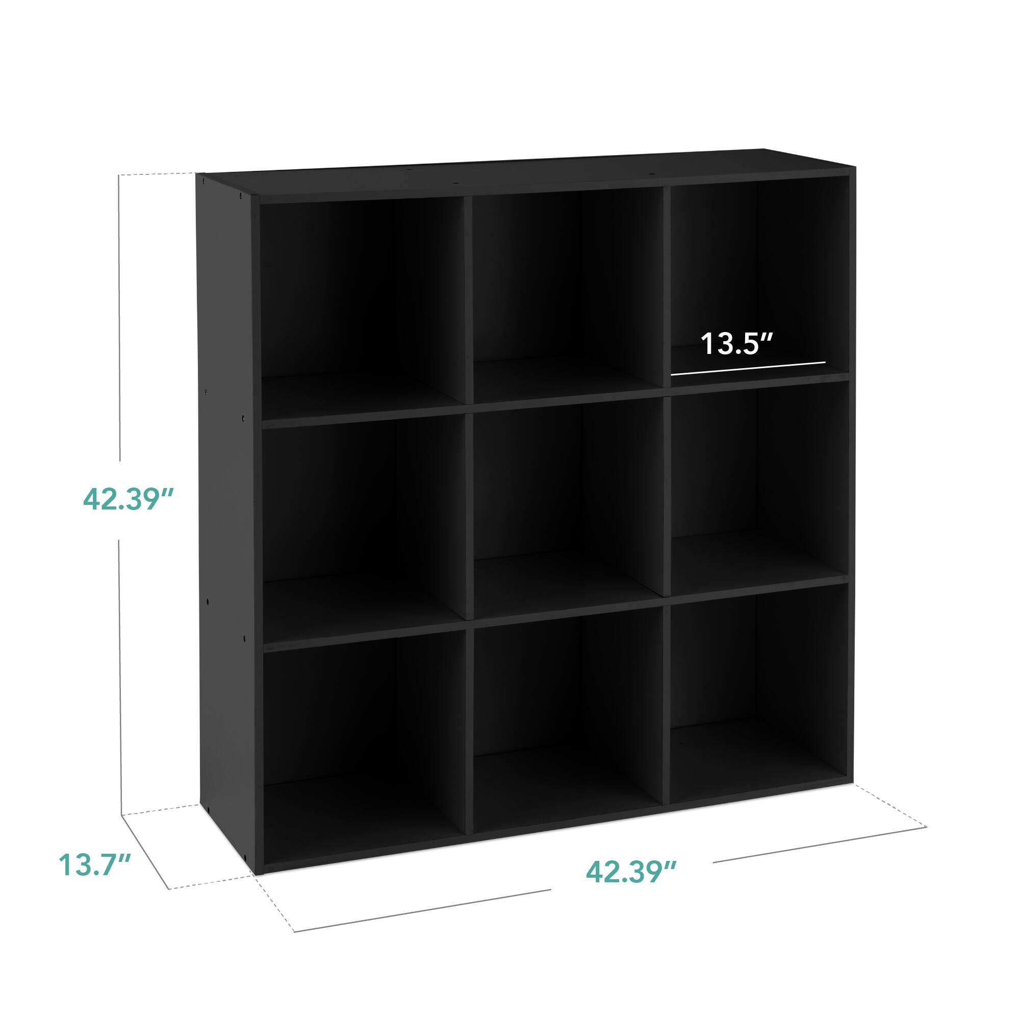 The dimensions of the shelf are:

- Height: 42.39"
- Width: 42.39"
- Depth: 13.7"